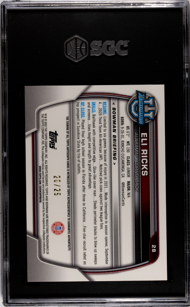 2022 Bowman University Chrome Eli Ricks Auto Orange Shimmer Refractor /25 SGC 10