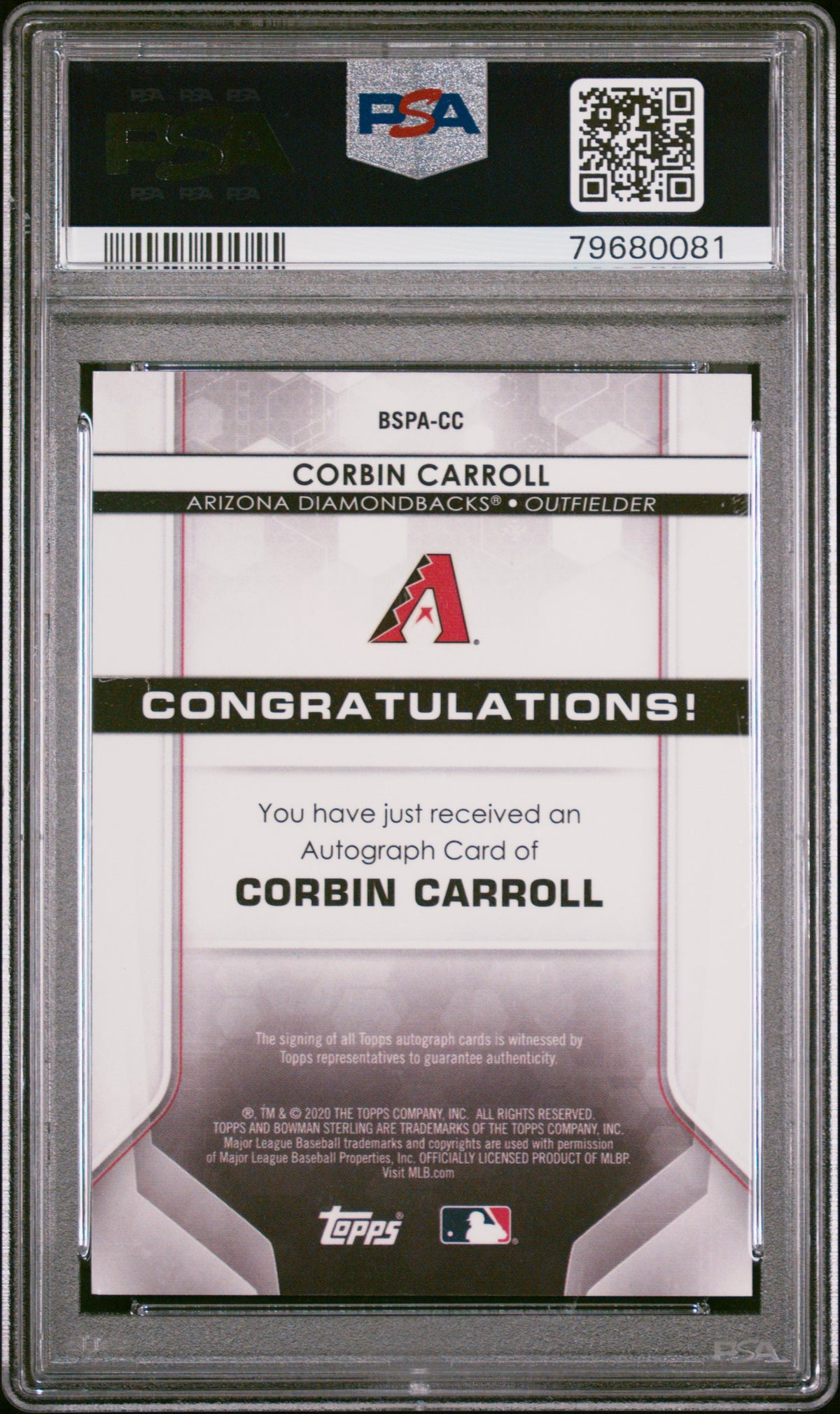 2020 Bowman Sterling Prospect Autographs Corbin Carroll PSA 9 Diamondbacks RC