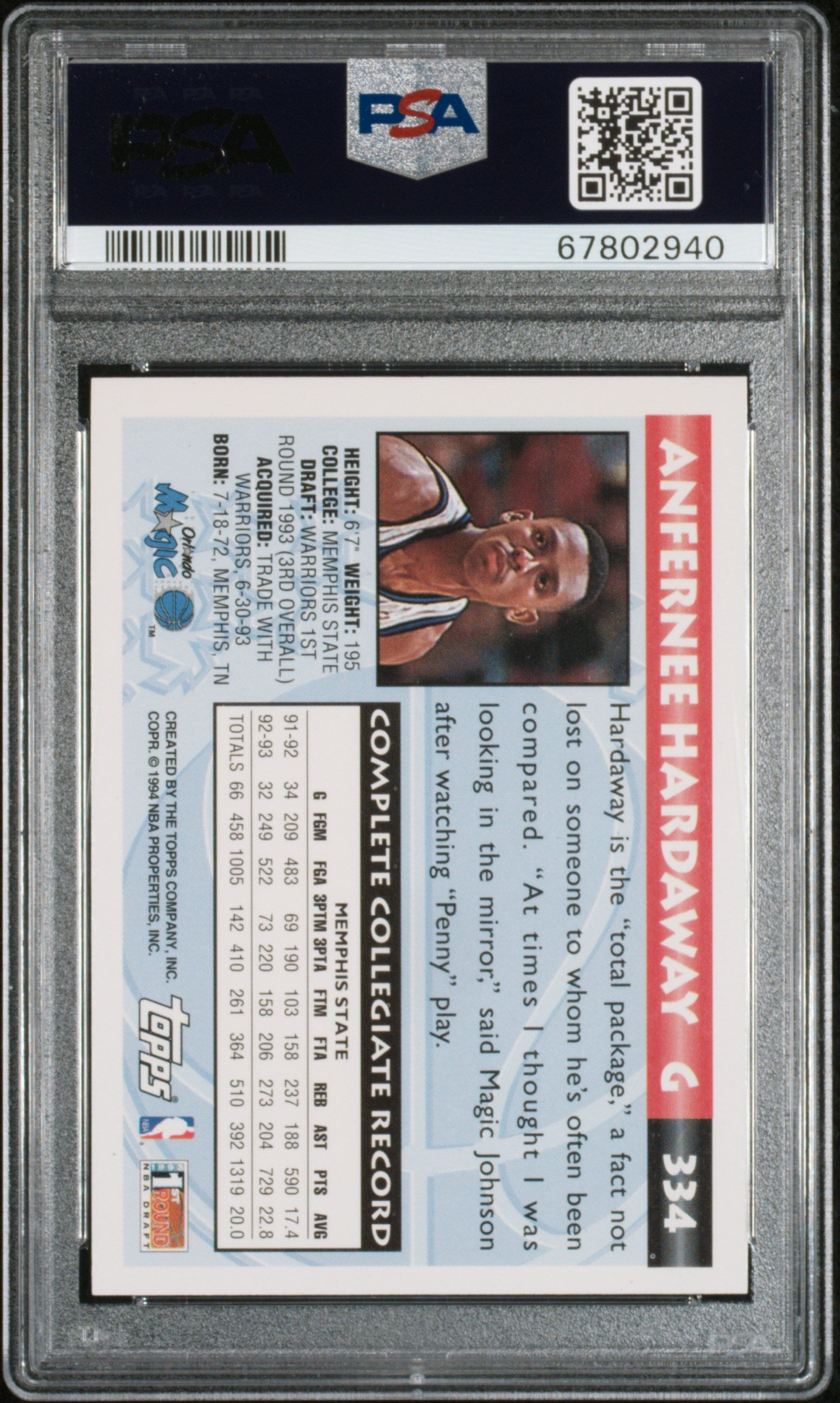 1993 Topps Anfernee Hardaway #334 PSA Authentic Auto 10 On Card Signature