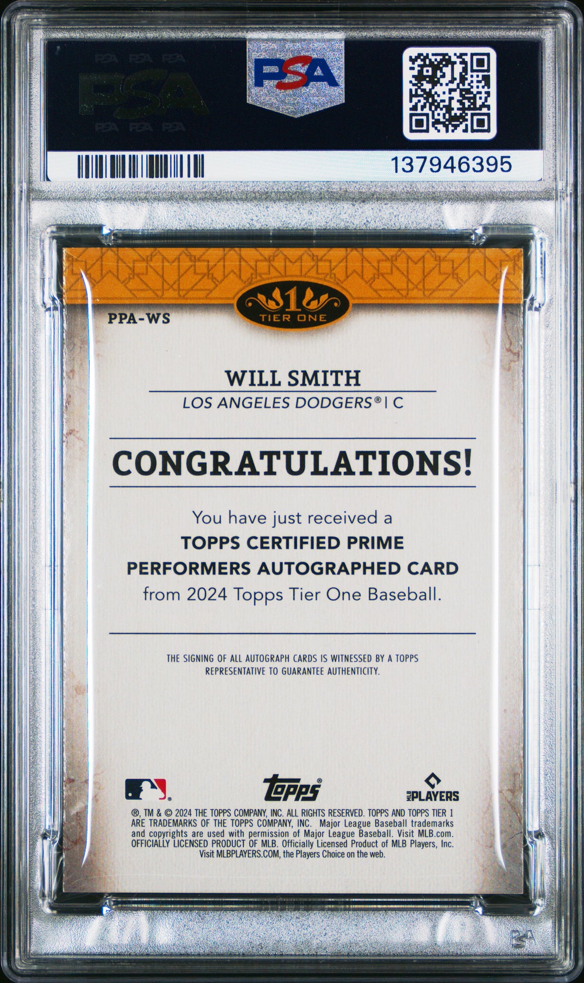 2024 Topps Tier One Prime Performers Autographs Will Smith 86/99 PSA 9 MINT