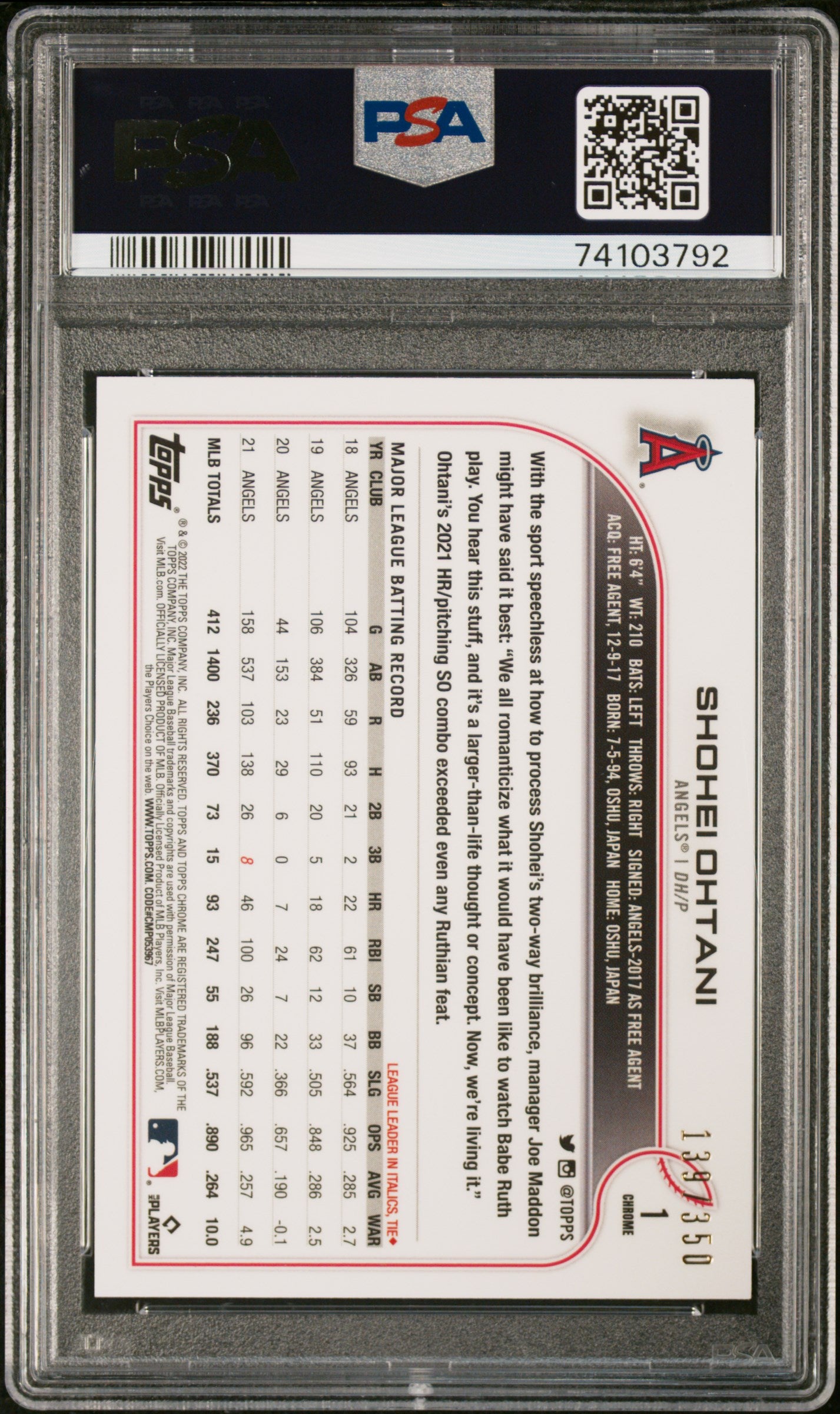 2022 Topps Chrome Shohei Ohtani Magenta Speckle Refractor /350 #1 PSA 9