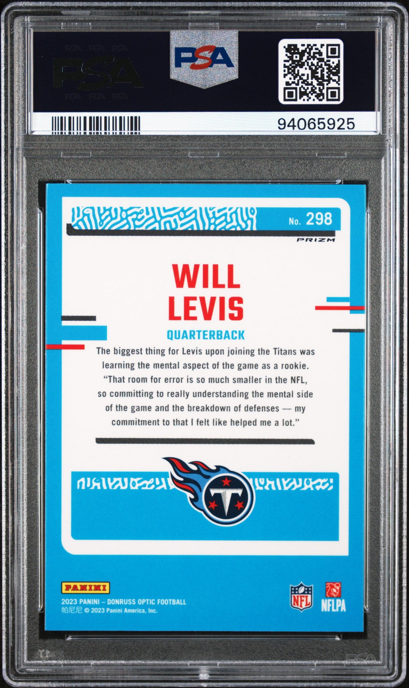 2023 Panini Donruss Optic Will Levis Purple Shock #298 PSA 10