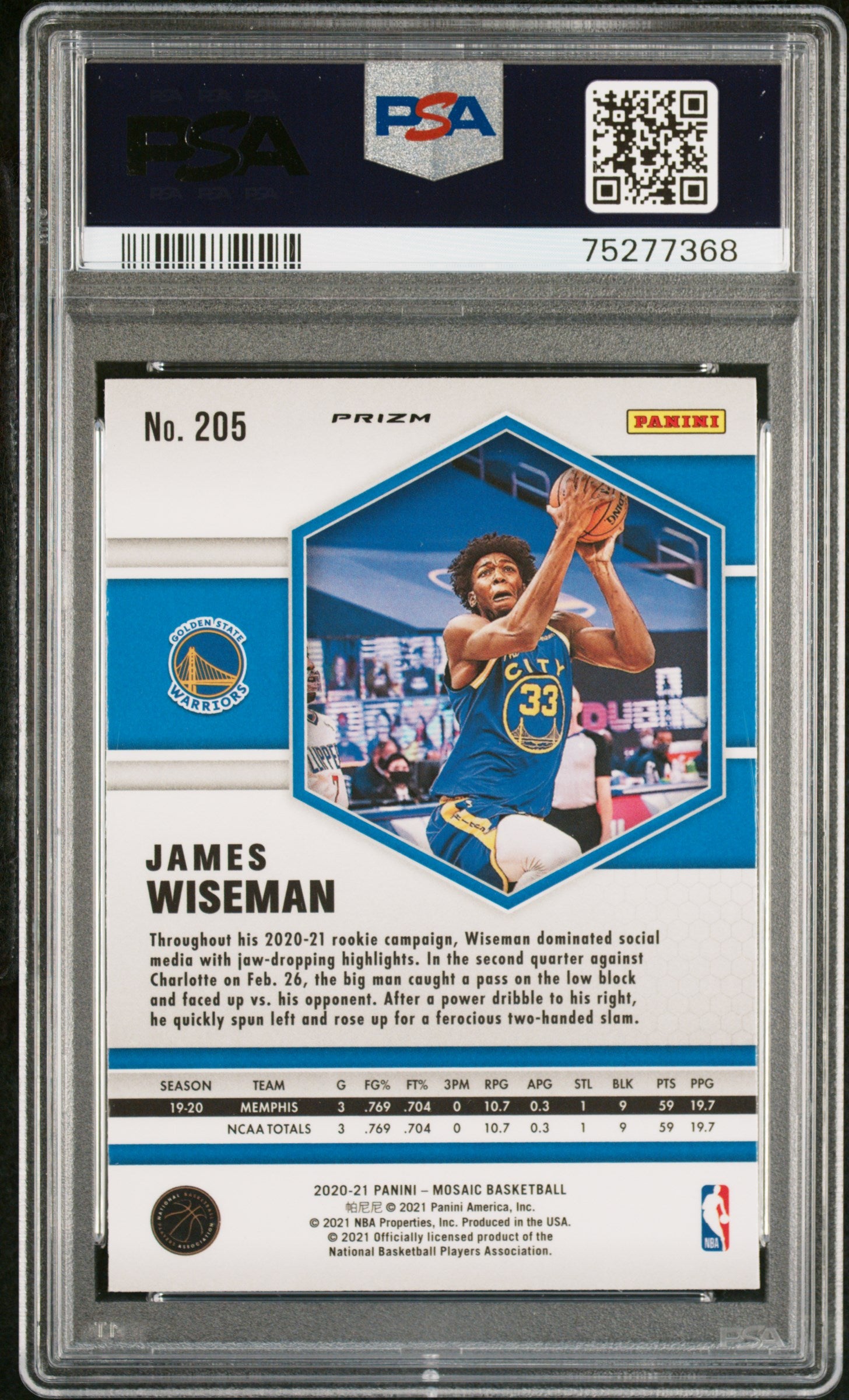 2020 Panini Mosaic James Wiseman Reactive Yellow #205 PSA 10