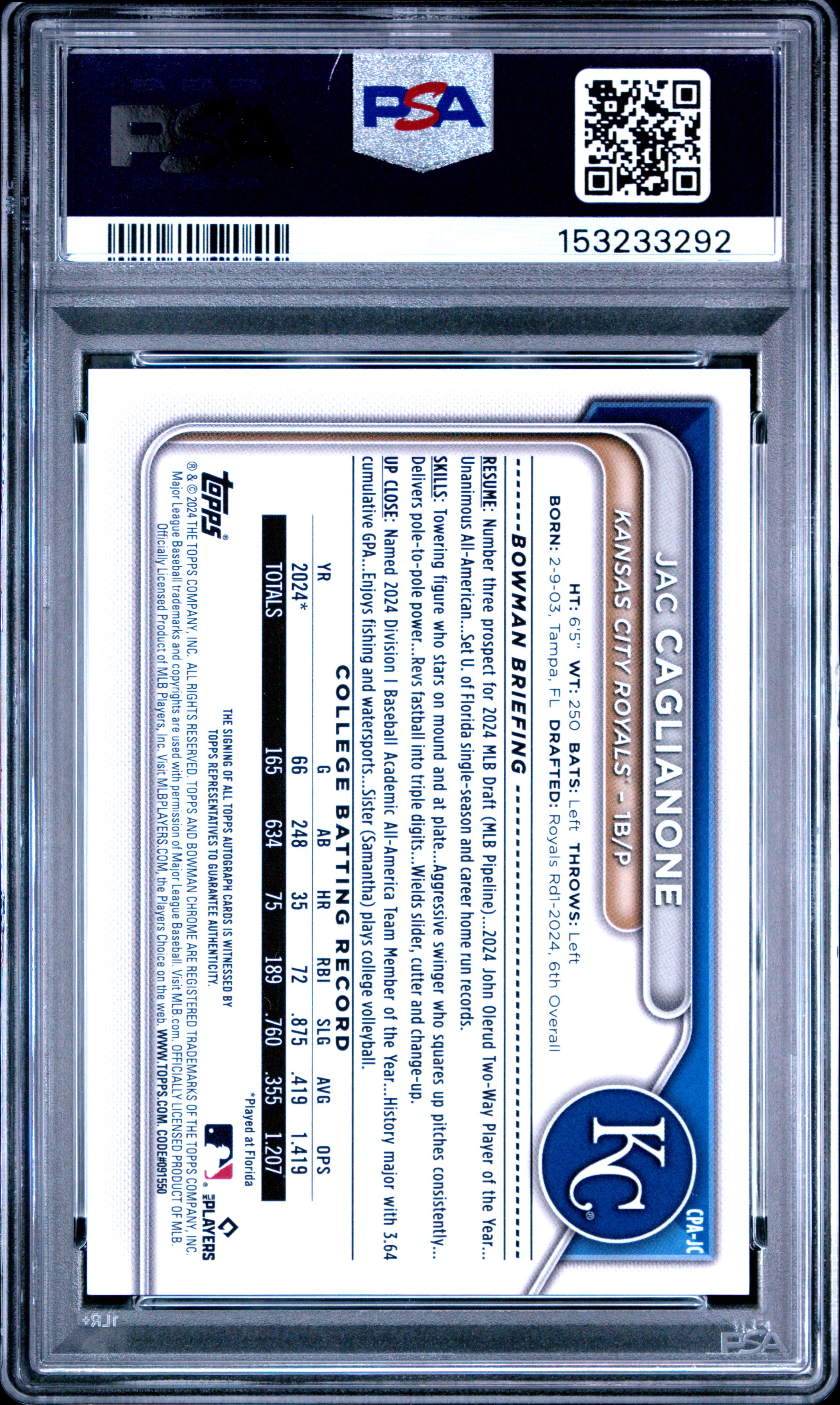 2024 Bowman Draft Chrome 1st Prospect Auto Jac Caglianone Green Lava /99 PSA 10