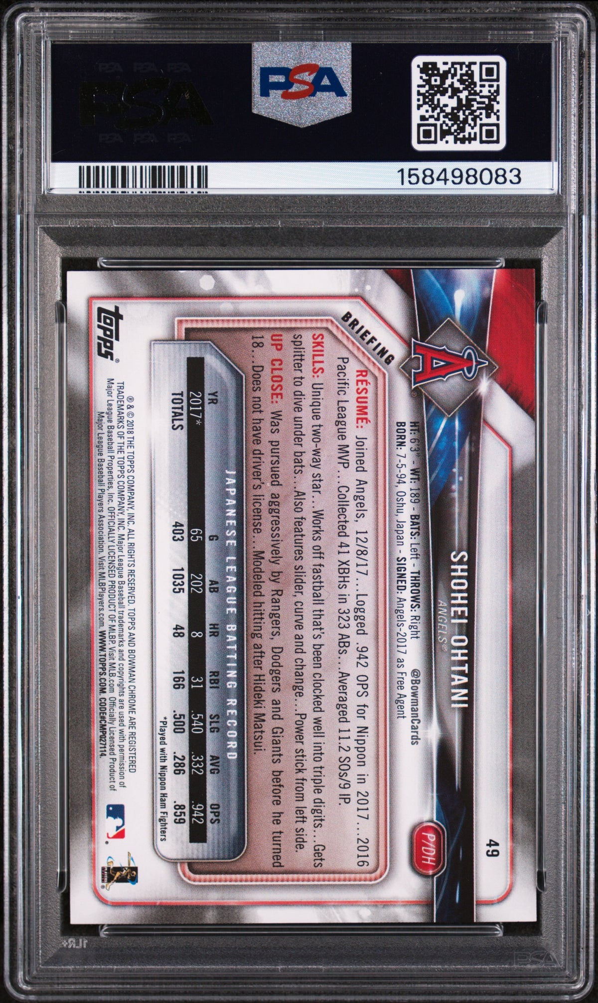 2018 Bowman Shohei Ohtani #49 PSA 8