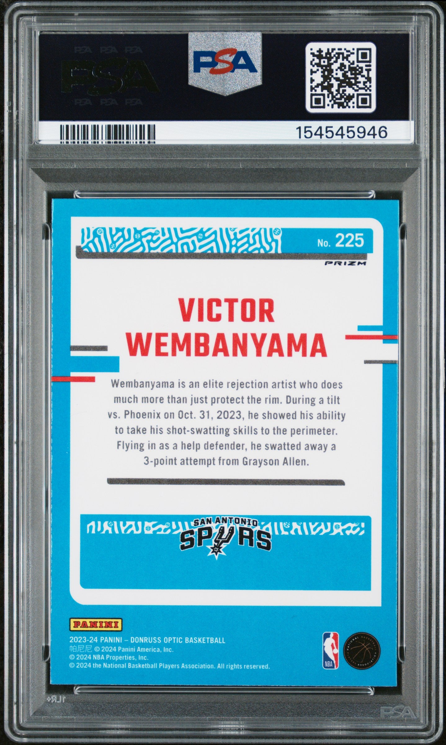 2023 Panini Donruss Optic Victor Wembanyama Holo #225 PSA 9