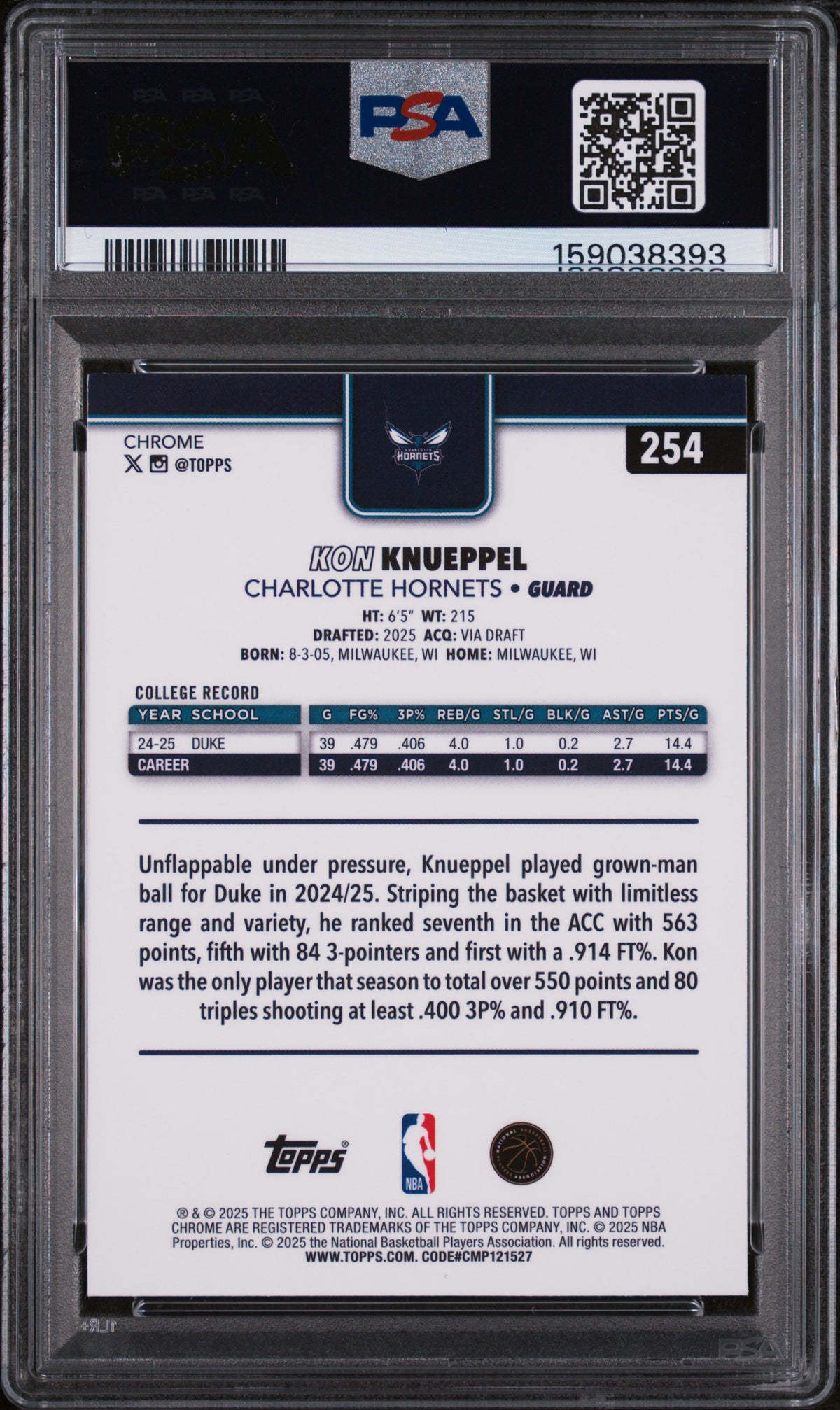2025 Topps Chrome Kon Knueppel #254 PSA 10