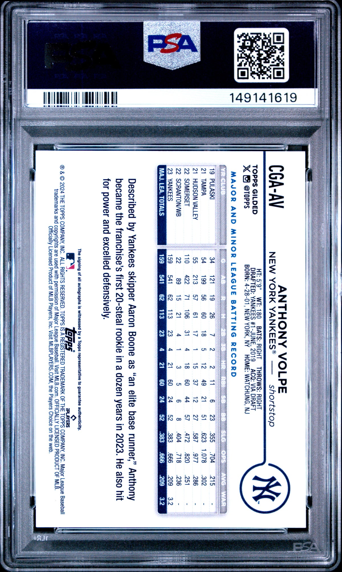 2024 Topps Gilded Collection Gold Auto Anthony Volpe Yellow /75 PSA 10 GEM MINT
