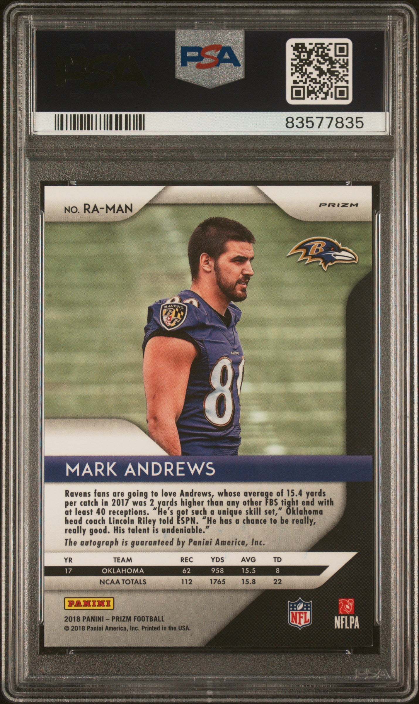 2018 Panini Prizm Rookie Autographs Mark Andrews Pink #MAN PSA 9
