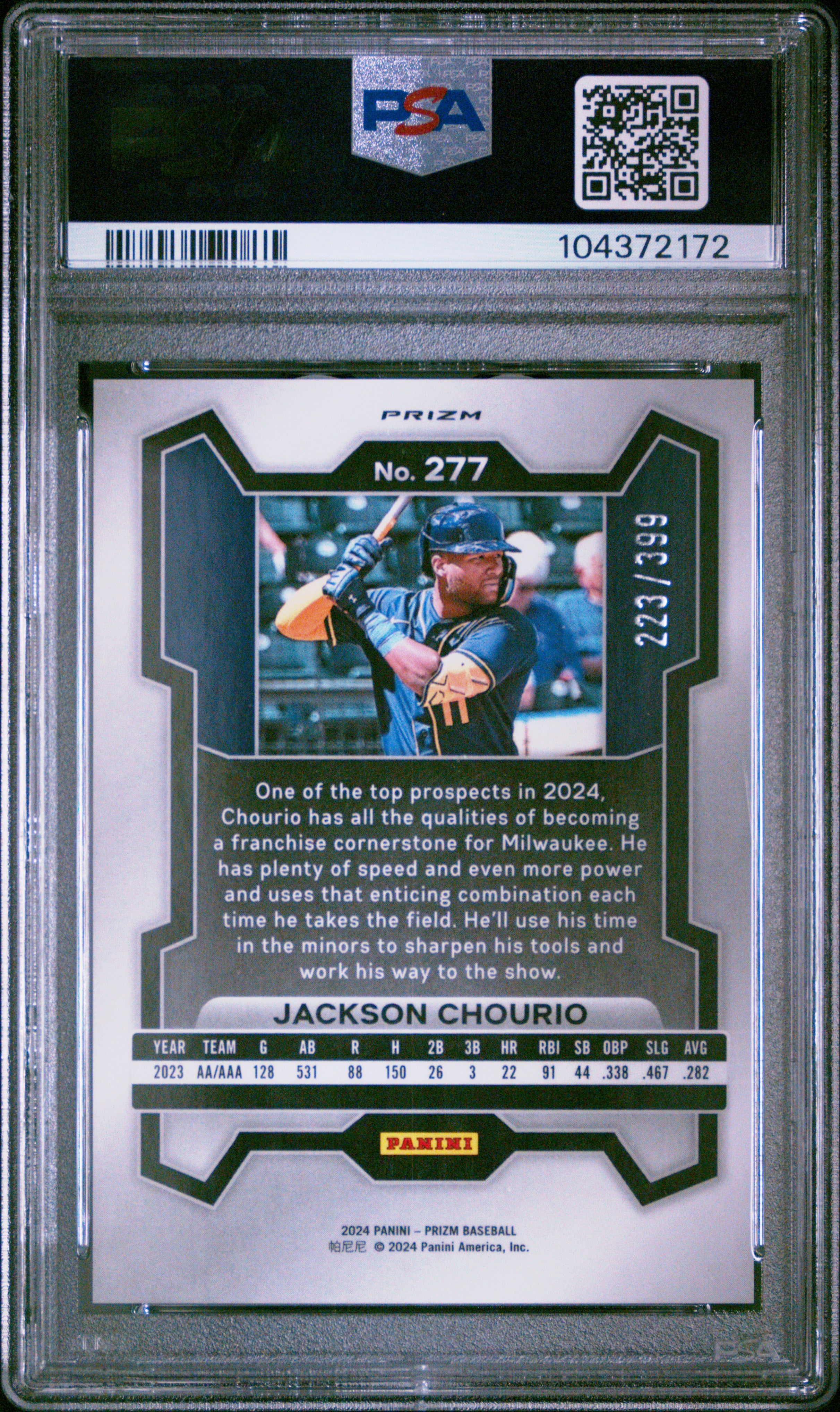 2024 Panini Prizm Jackson Chourio Orange Pulsar #277 PSA 8