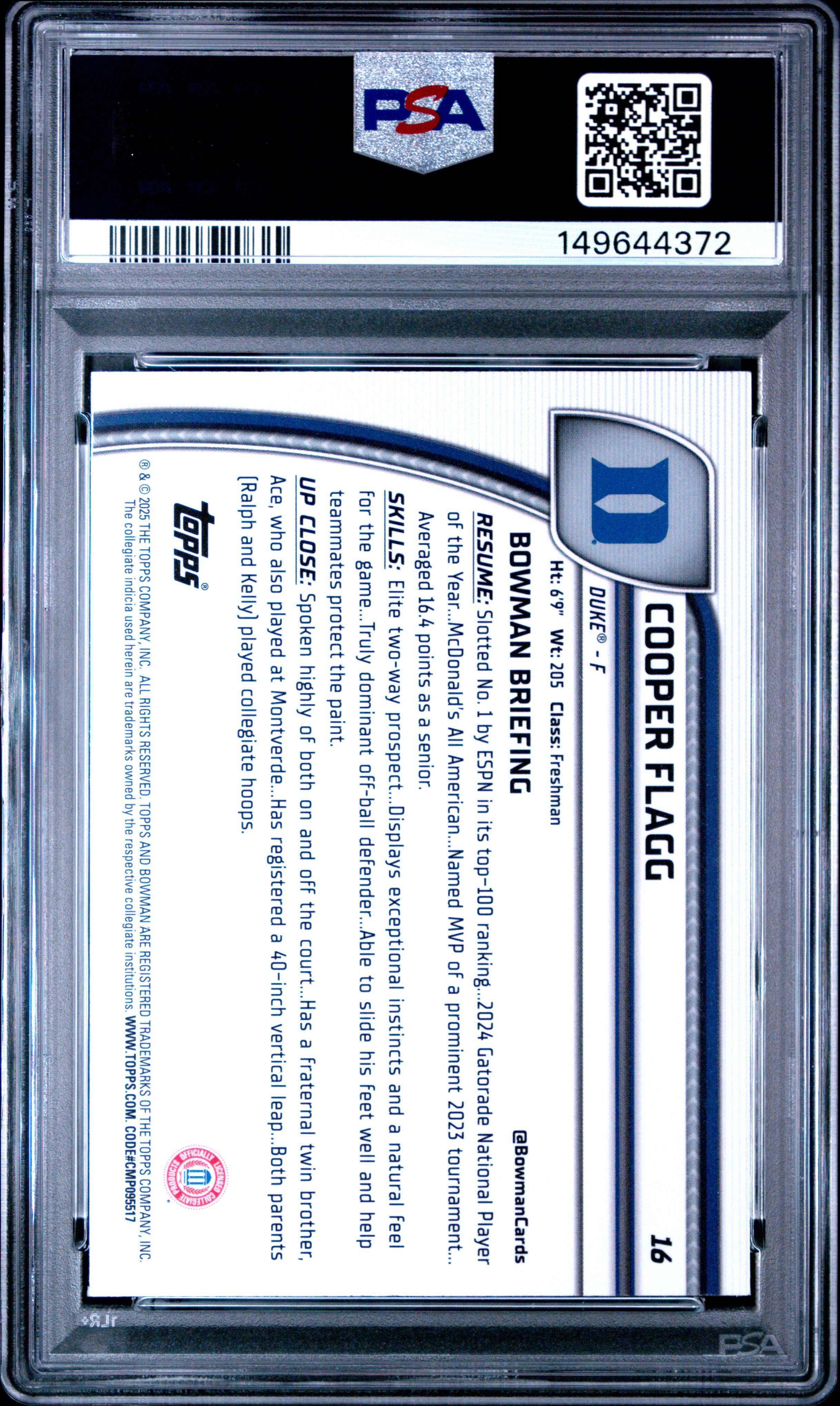 2024 Bowman Chrome University Cooper Flagg X Fractor #16 PSA 10