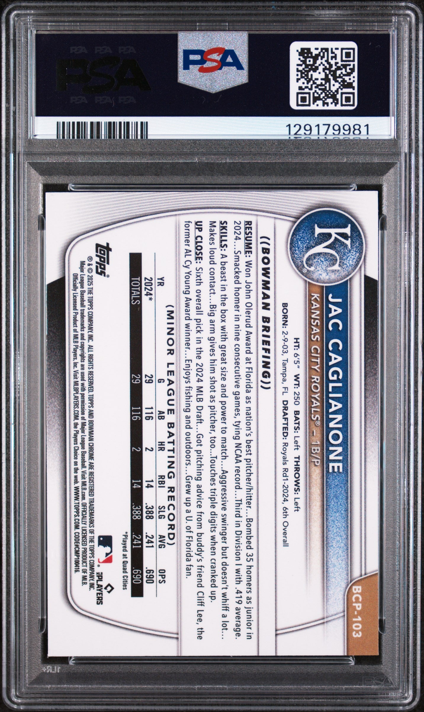 2025 Bowman Chrome Prospects Jac Caglianone Purple Ref 134/250 #BCP103 PSA 9
