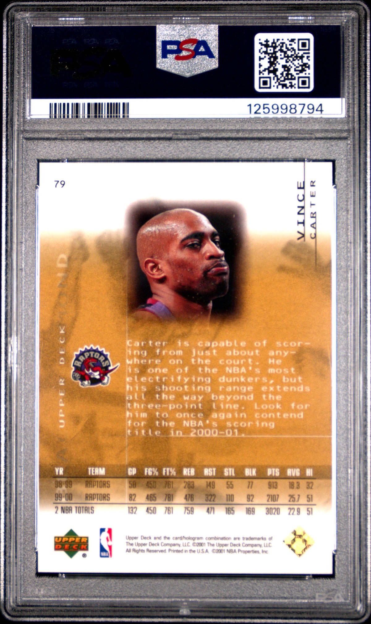 2000 Upper Deck Black Diamond Vince Carter Gold 418/500 #79 PSA 10 GEM MINT
