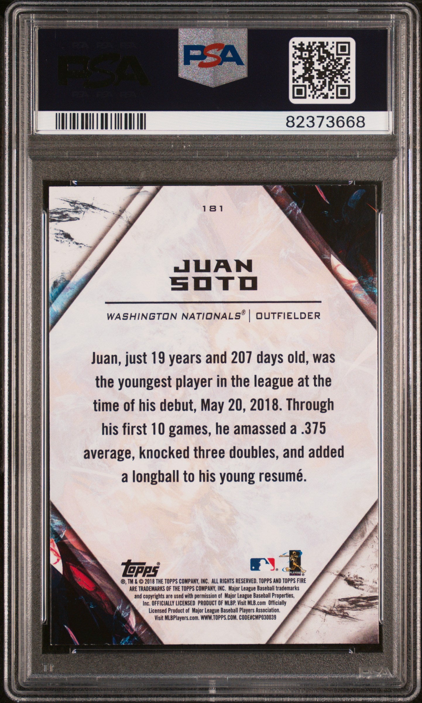 2018 Topps Fire Juan Soto Flame #181 PSA 9 Washington Nationals