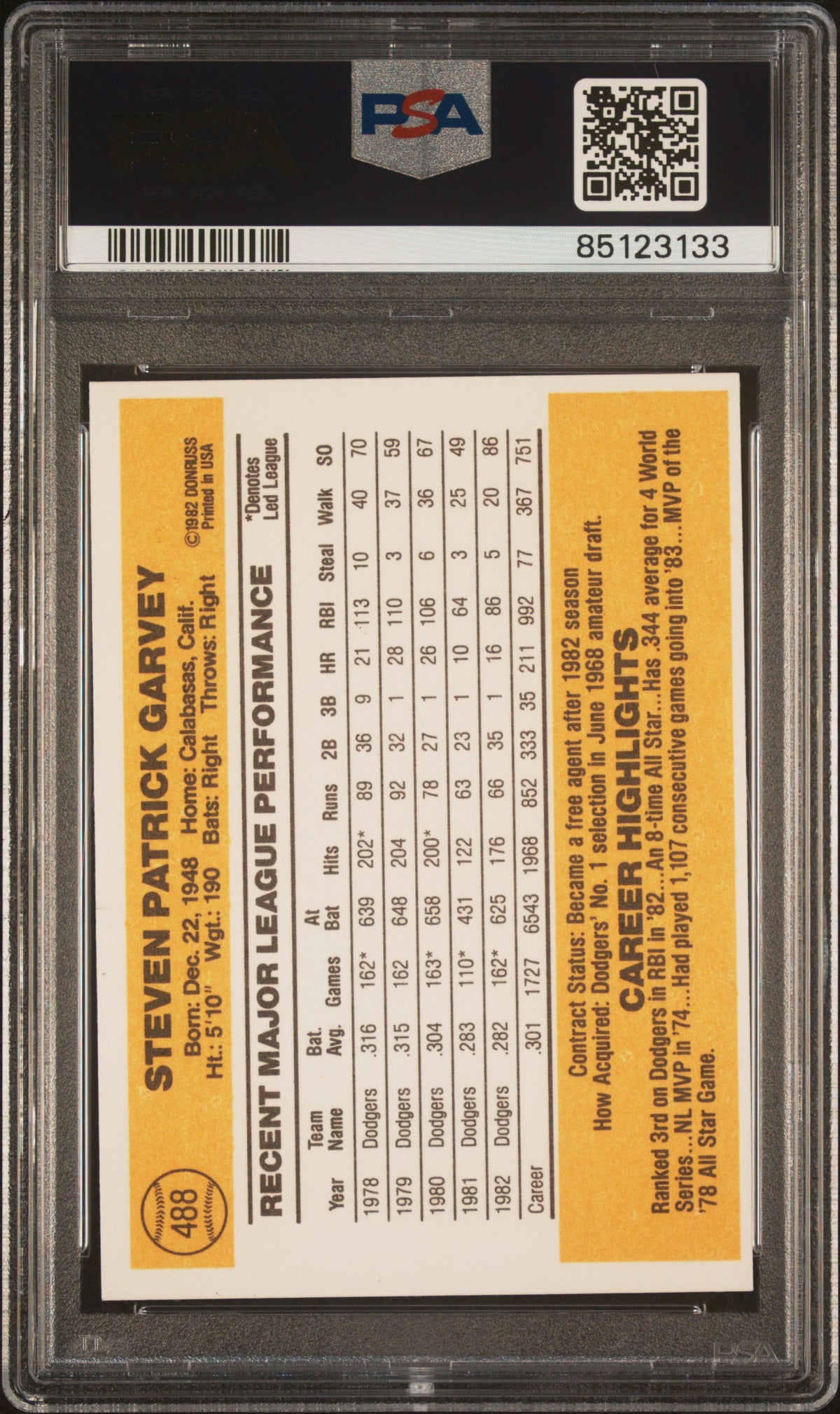 1983 Donruss Steve Garvey #488 PSA 10 GEM MINT Los Angeles Dodgers