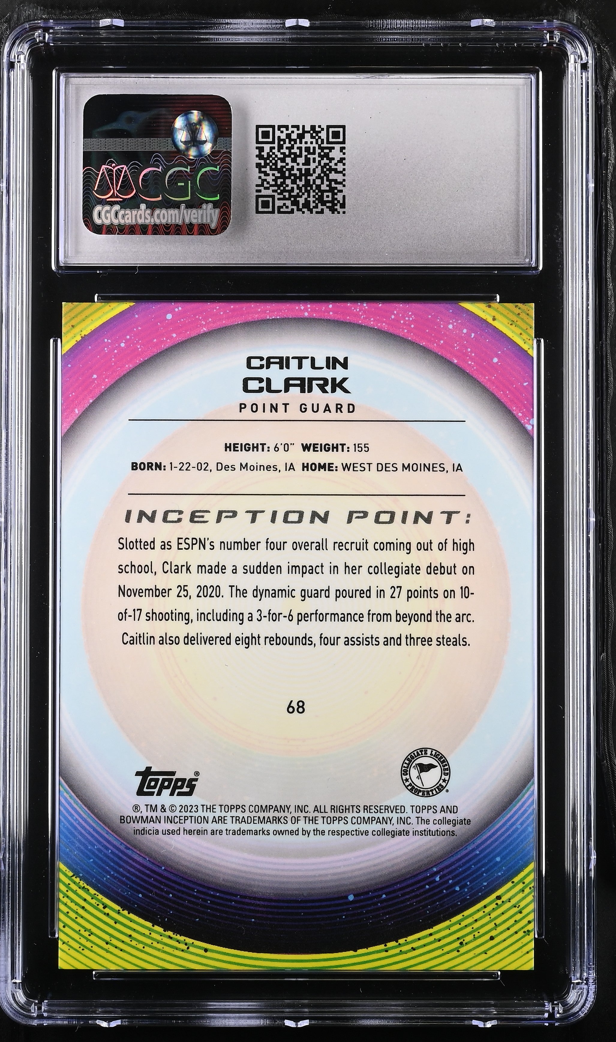 2022-23 Bowman University Inception Caitlin Clark Aqua Foil /199 #68 CGC 8 Fever