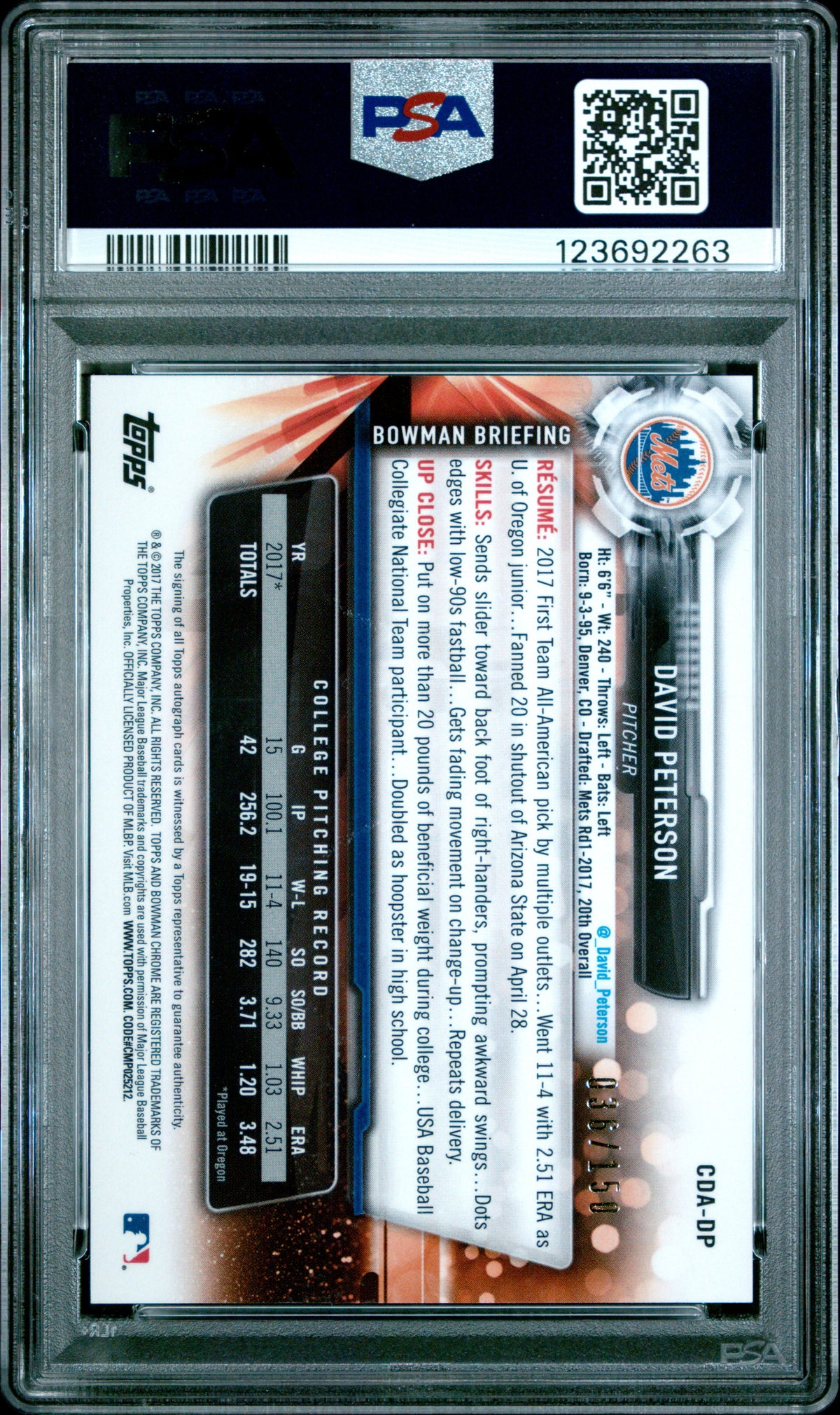 2017 Bowman Draft Chrome DP Auto David Peterson Blue WV. Refractor /150 PSA 9