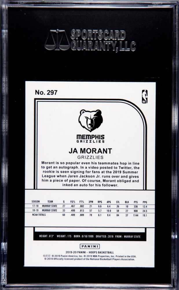 2019 Panini Hoops Ja Morant Tribute Rookie #297 SGC 9.5 Grizzlies