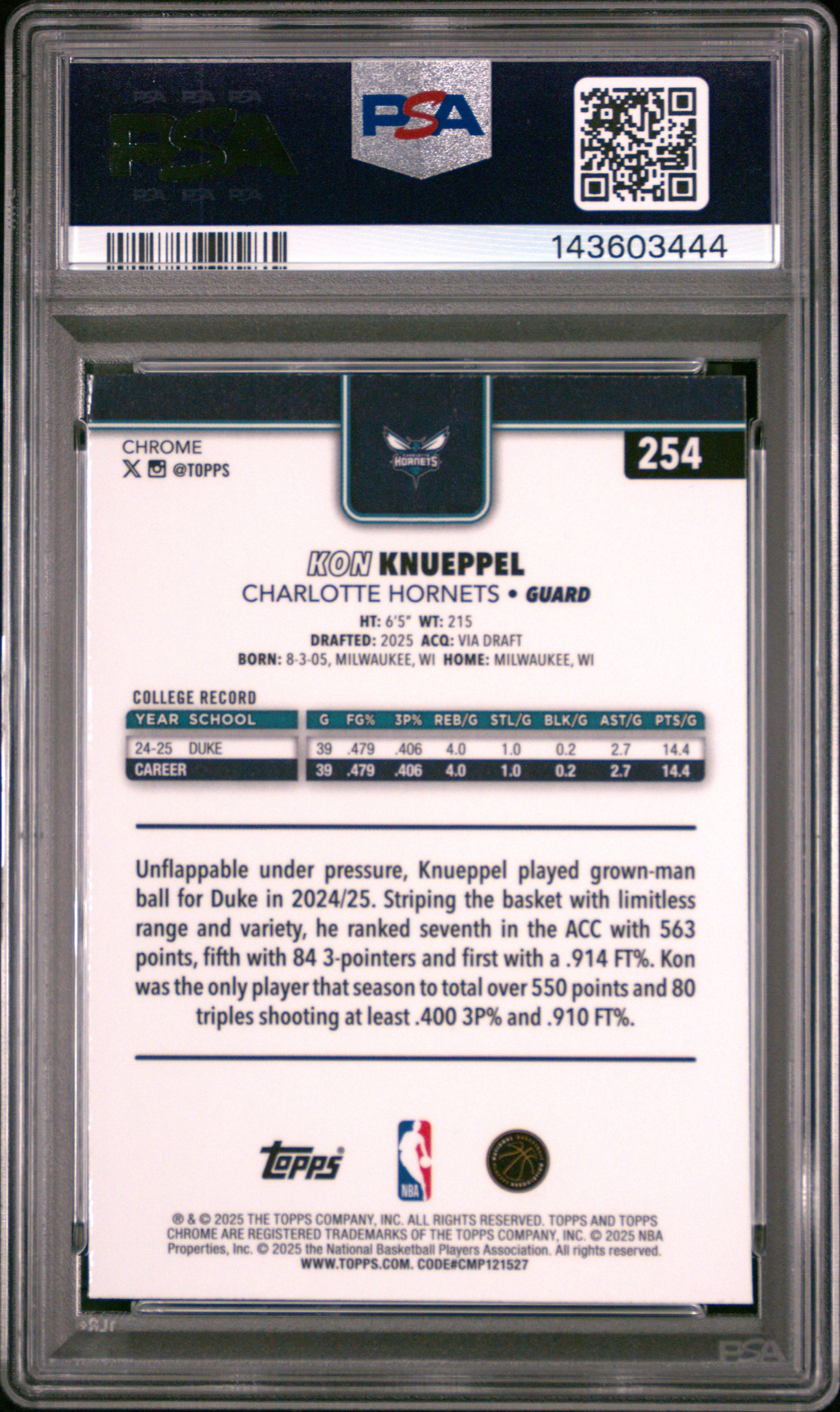 2025 Topps Chrome Kon Knueppel Prism Refractor #254 PSA 10
