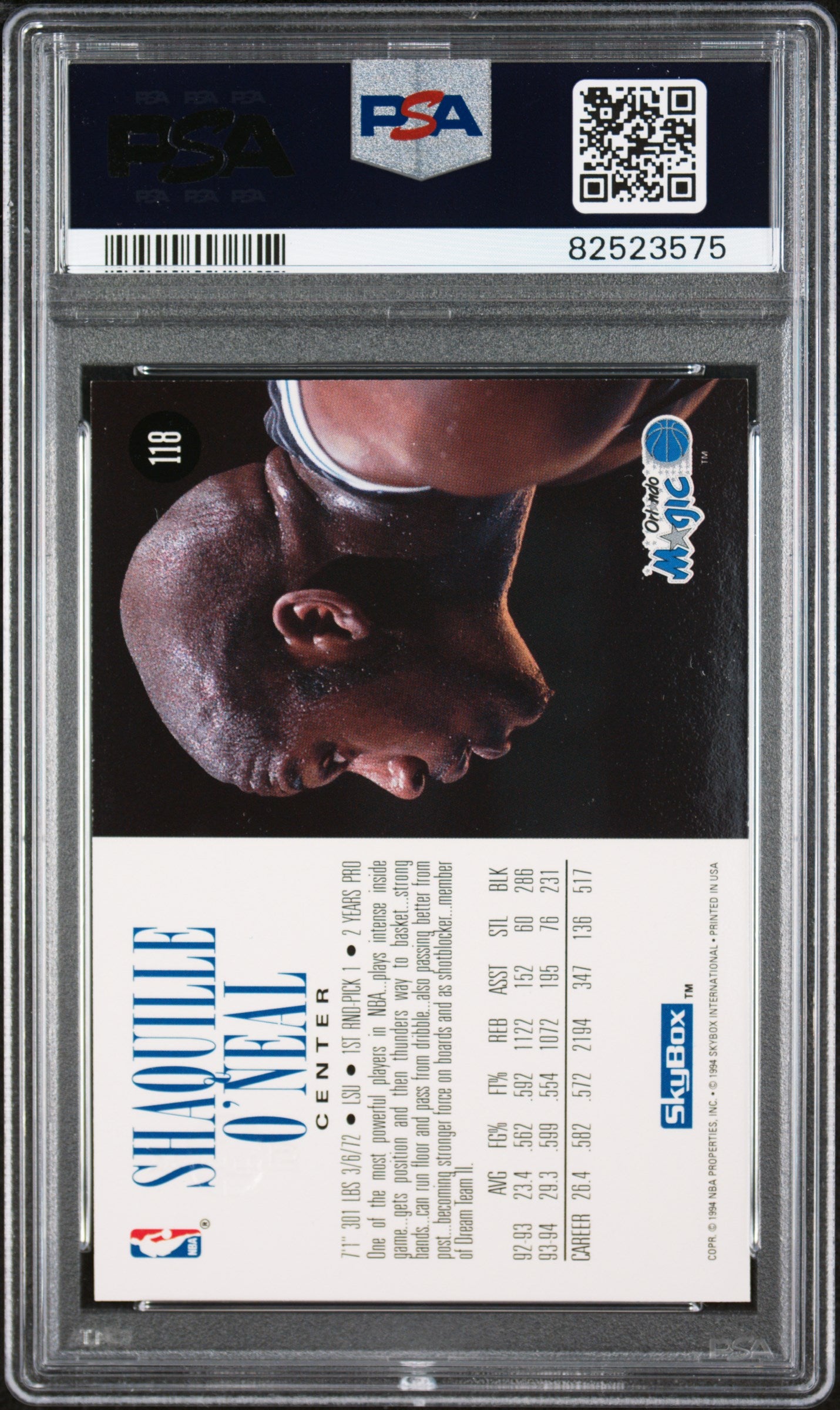 1994 Skybox Premium Shaquille O'Neal #118 PSA 9 Orlando Magic