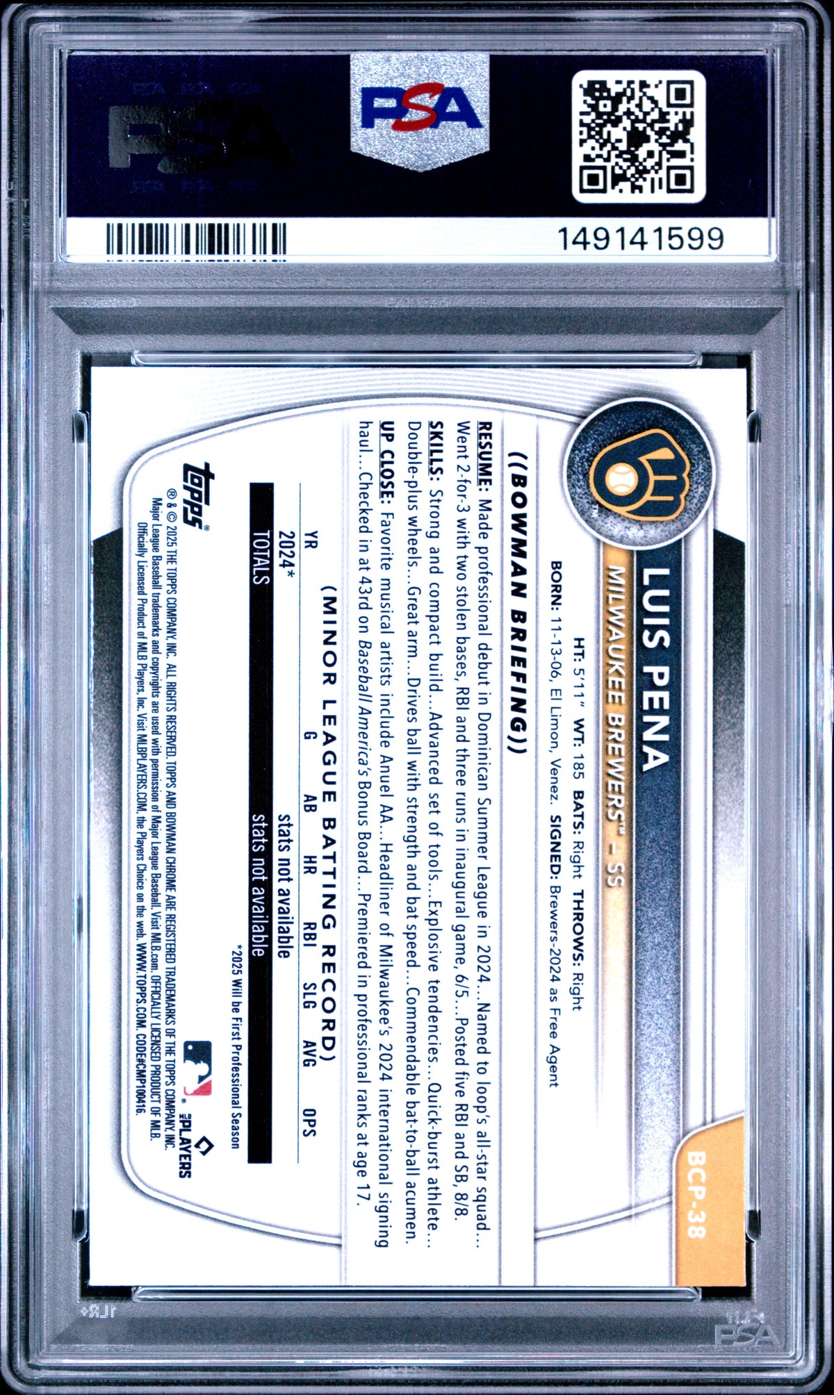 2025 Bowman Chrome Prospects Luis Pena Reptilian Ref #BCP38 PSA 9