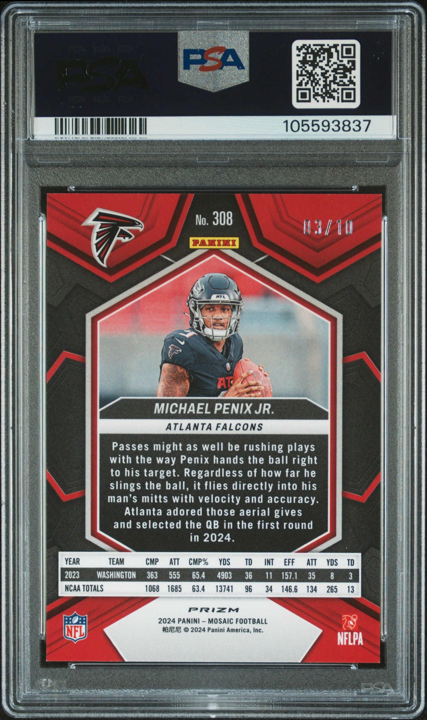 2024 Panini Mosaic Michael Penix JR. Gold No Huddle #308 PSA 9 MINT ROOKIE 03/10