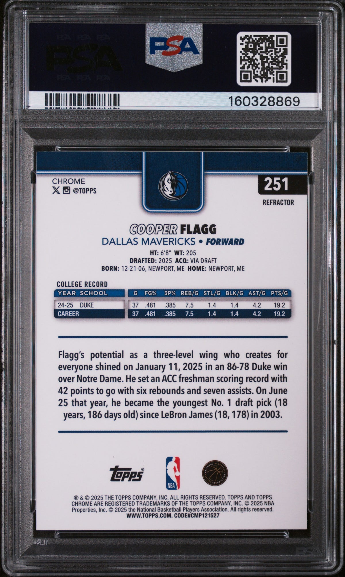 2025 Topps Chrome Cooper Flagg Refractor #251 PSA 9