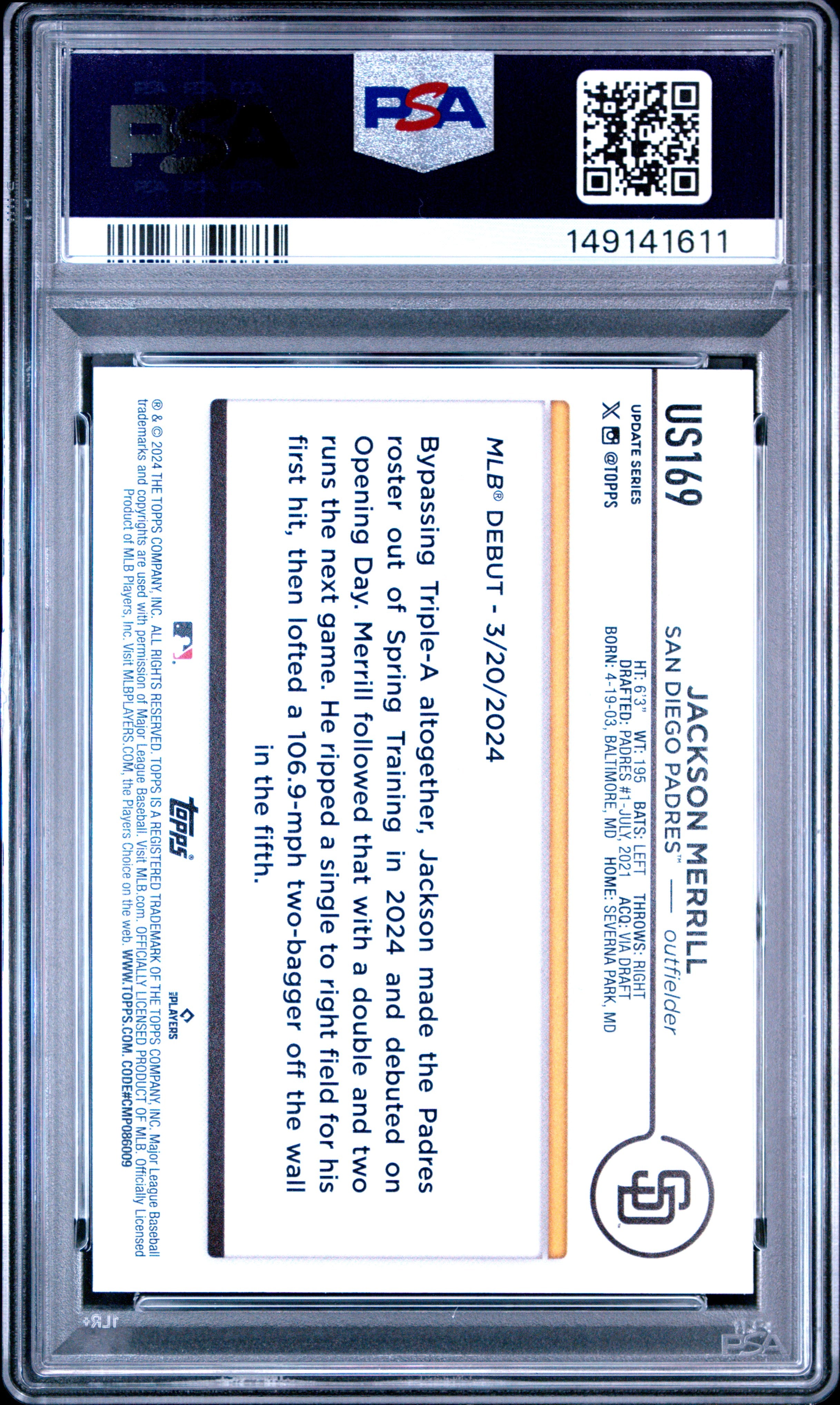 2024 Topps Update Jackson Merrill Gold Rainbow Foil #US169 PSA 10