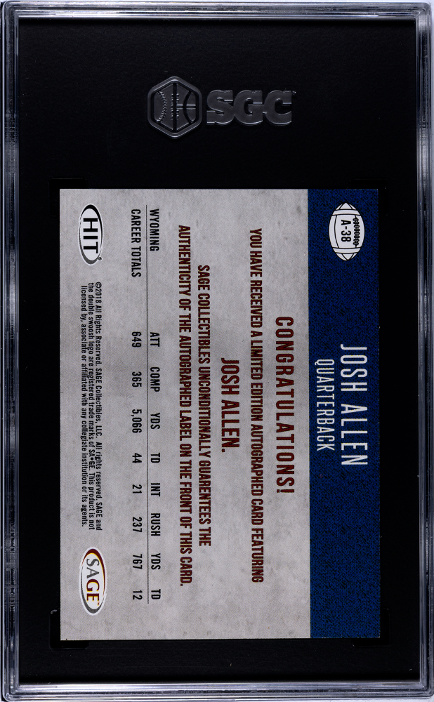 2018 Sage Hit Premier Draft Josh Allen Autograph Black #A-38 SGC 9