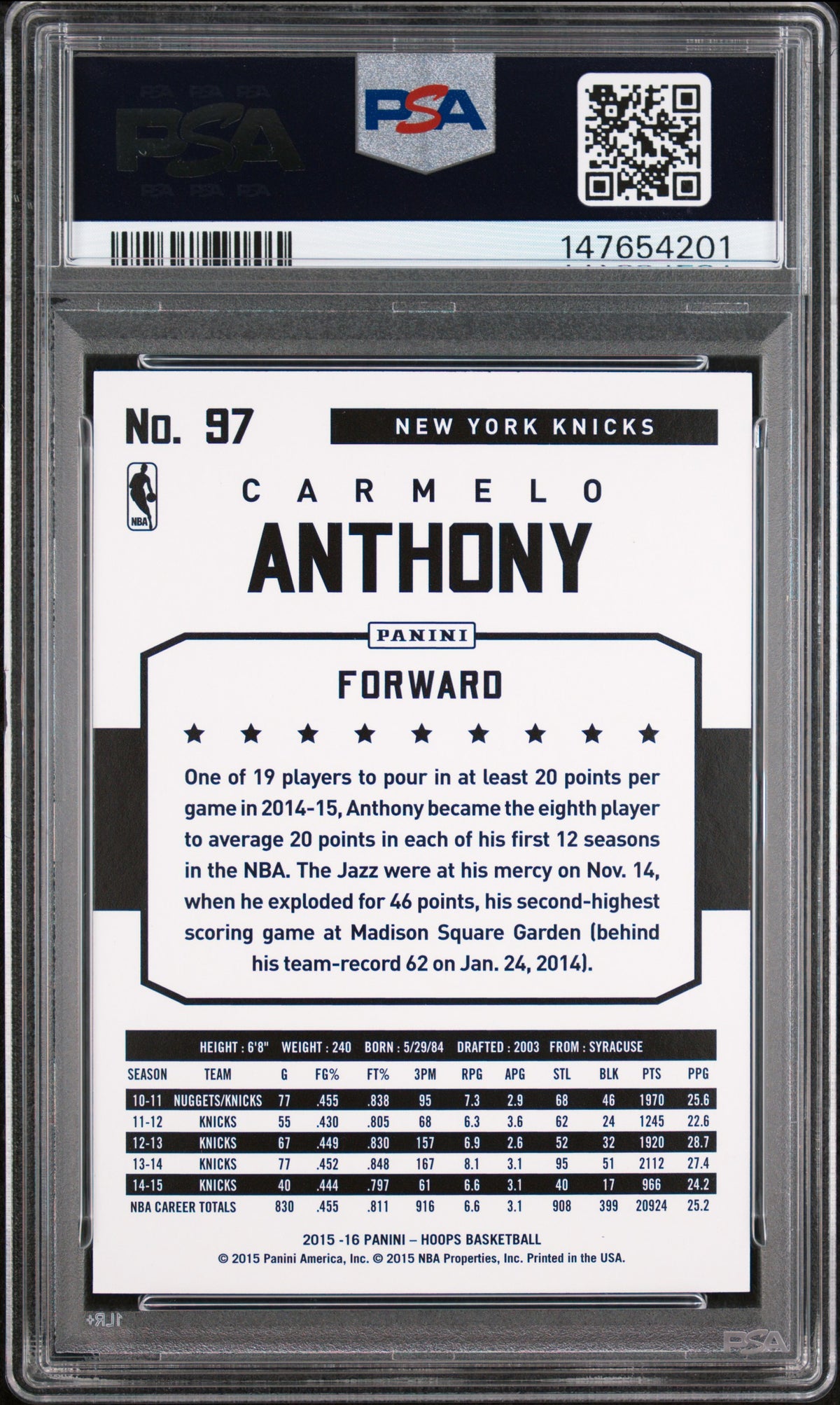 2015 Panini Hoops Carmelo Anthony #97 PSA 10