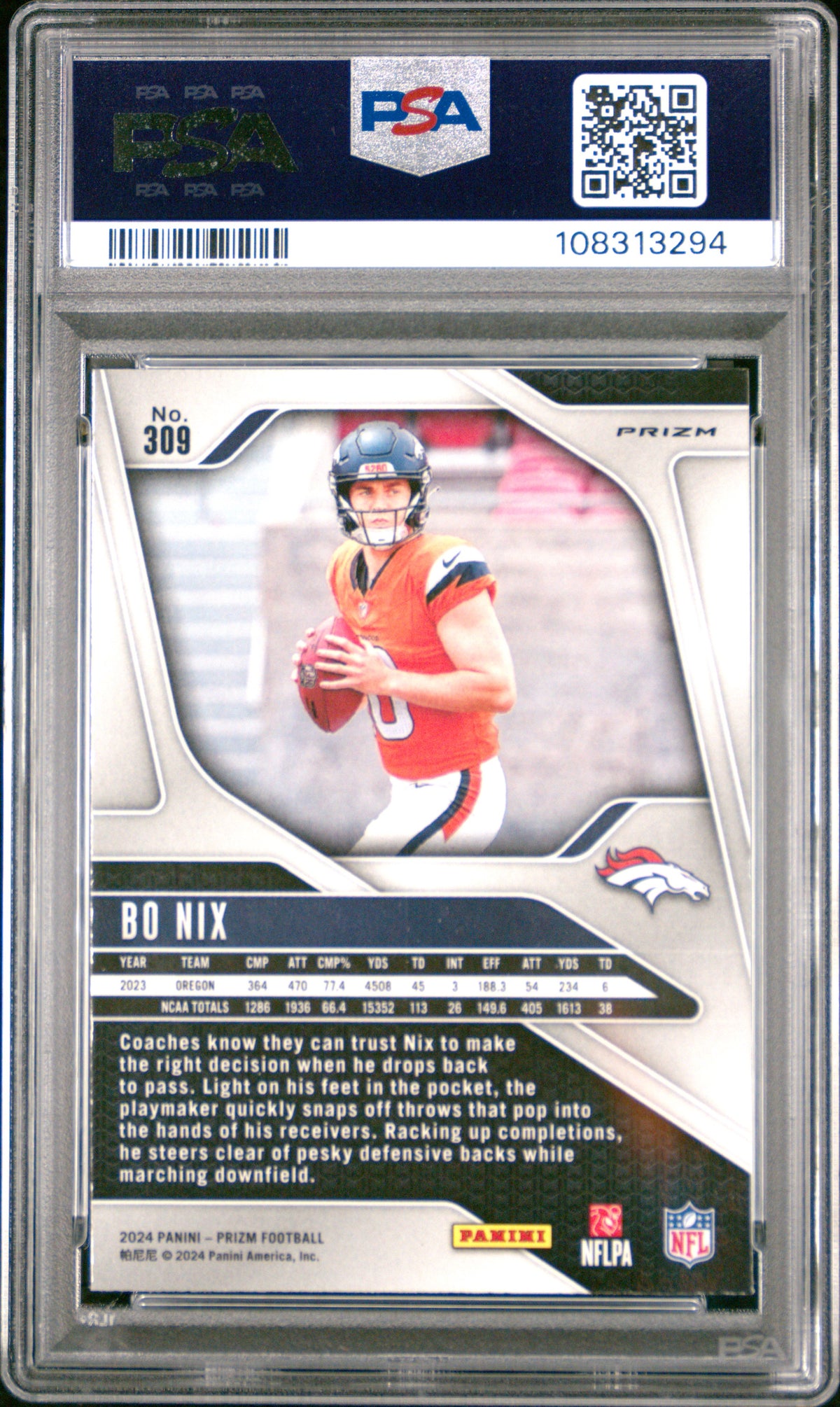 2024 Panini Prizm Bo Nix RC - Silver Rookie Holo #309 PSA 9 MINT Denver Broncos