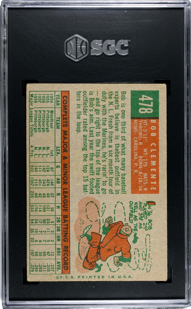 1959 Topps Bob Clemente #478 SGC 3 Pittsburgh Pirates