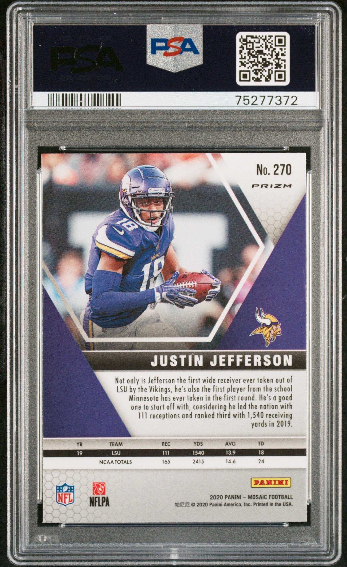 2020 Panini Mosaic Justin Jefferson Reactive Blue #270 PSA 10