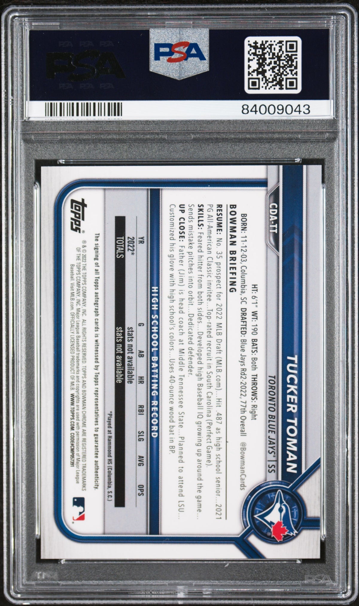 2022 Bowman Draft 1st Chrome Auto Tucker Toman Purple Refractor /250 PSA 10 Jays