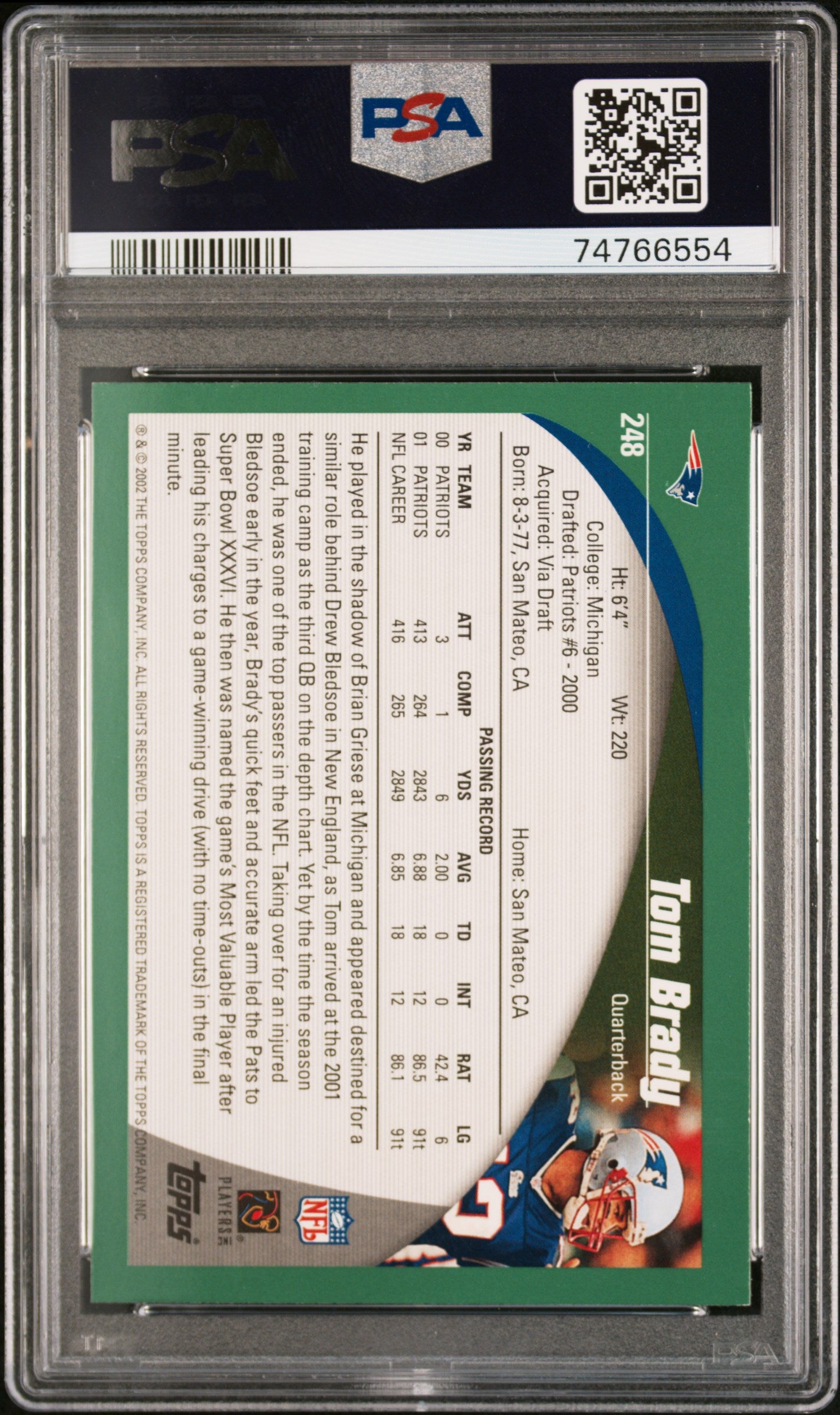 2002 Topps Tom Brady #248 PSA 9 MINT New England Patriots