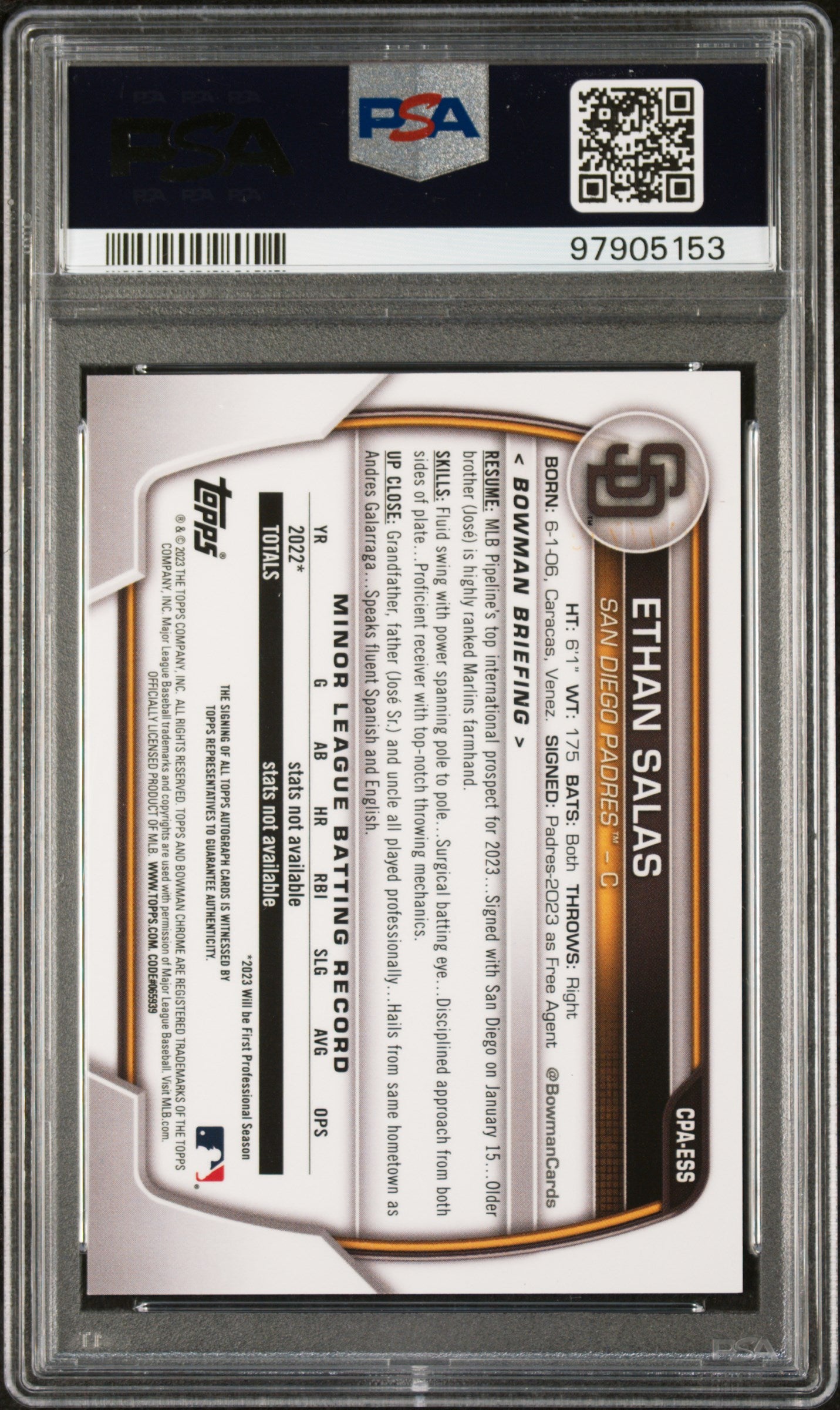 2023 Bowman Chrome Prospect Auto Ethan Salas Speckle Ref 018/299 #CPAESS PSA 10