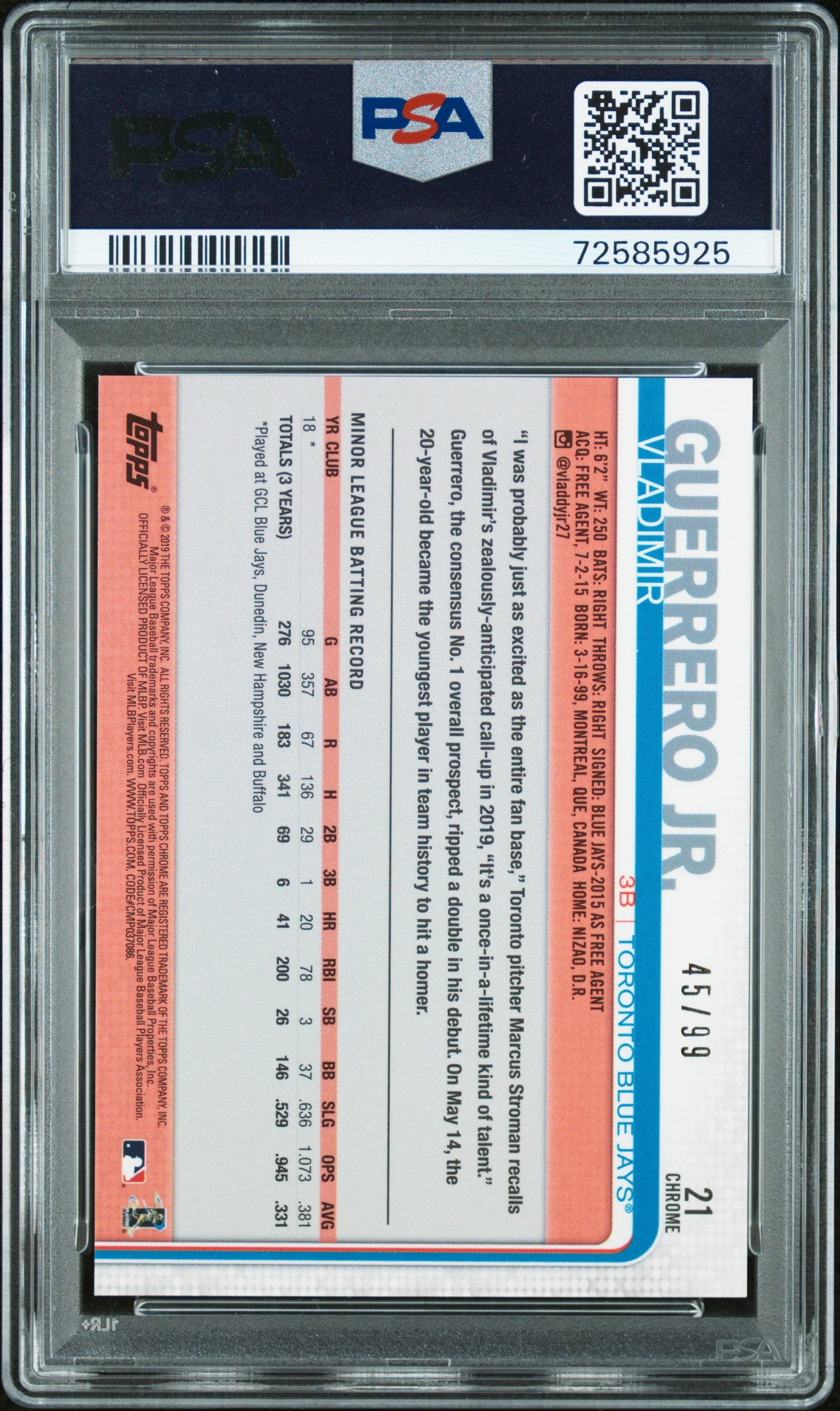 2019 Topps Chrome Update Vladimir Guerrero JR. Green Refractor #21 PSA 10 /99