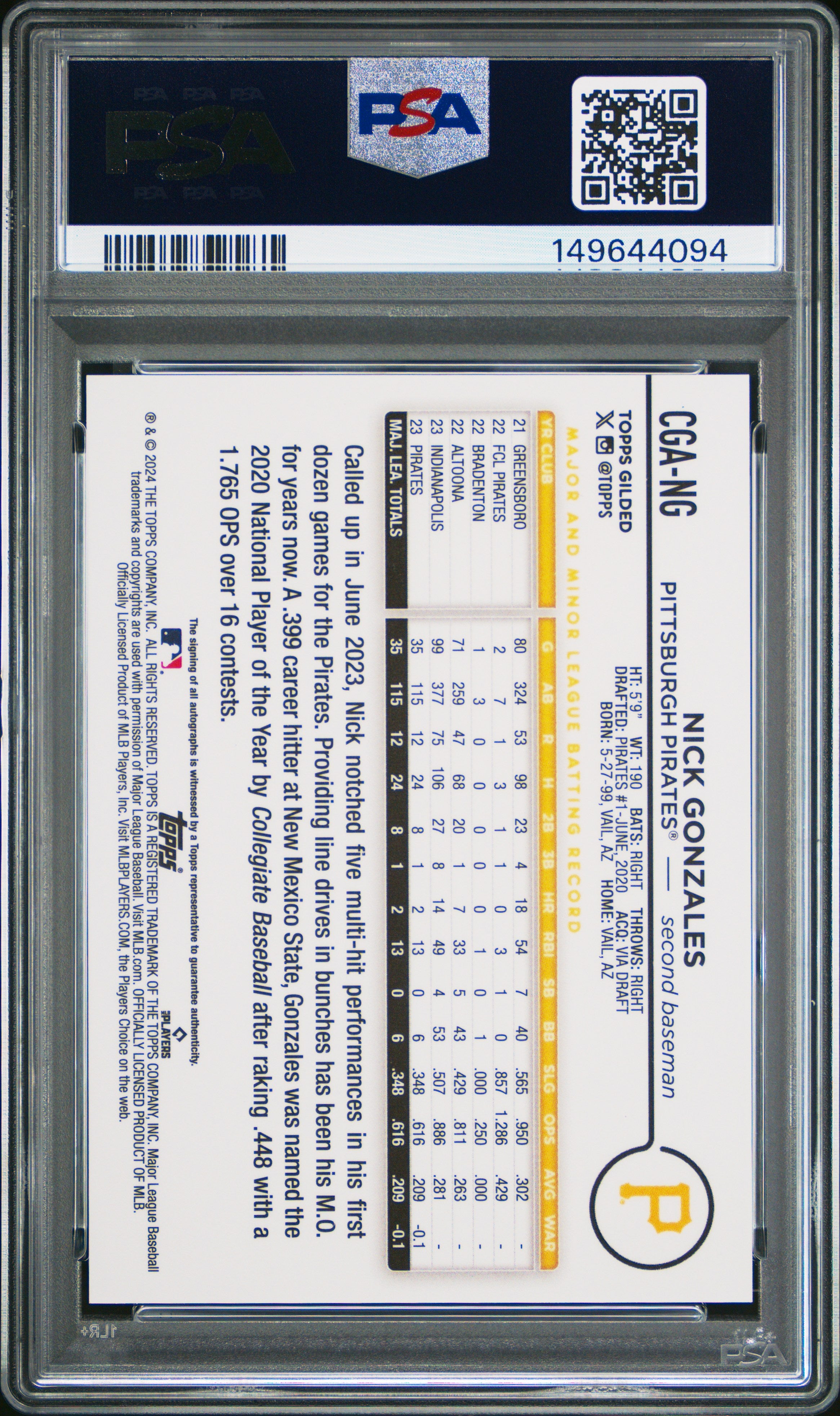 2024 Topps Gilded Collection Topps Chrome Gold Auto Nick Gonzales 08/25 PSA 9