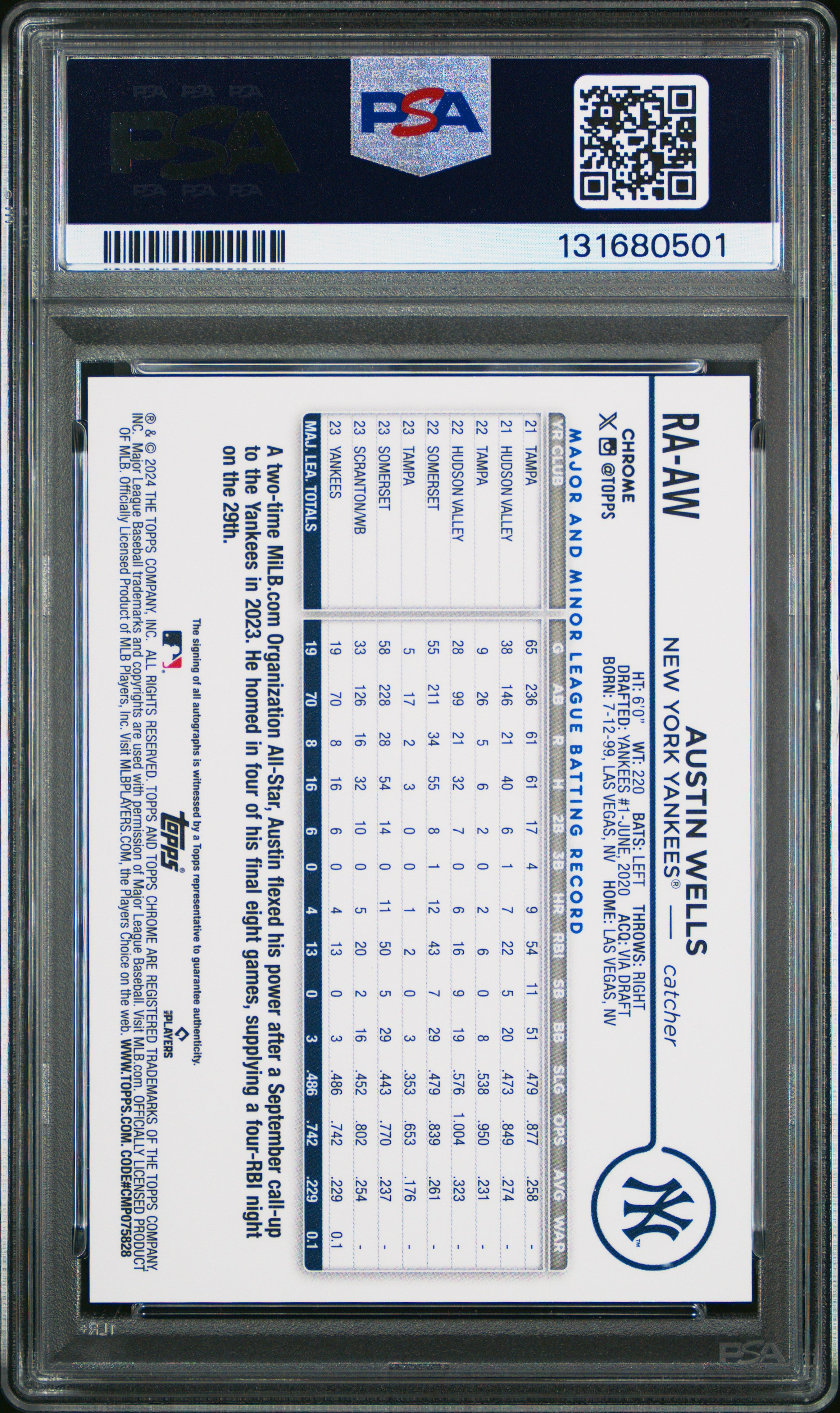 2024 Topps Chrome Rookie Autographs Austin Wells Rookie #RAAW PSA 9 MINT Yankees