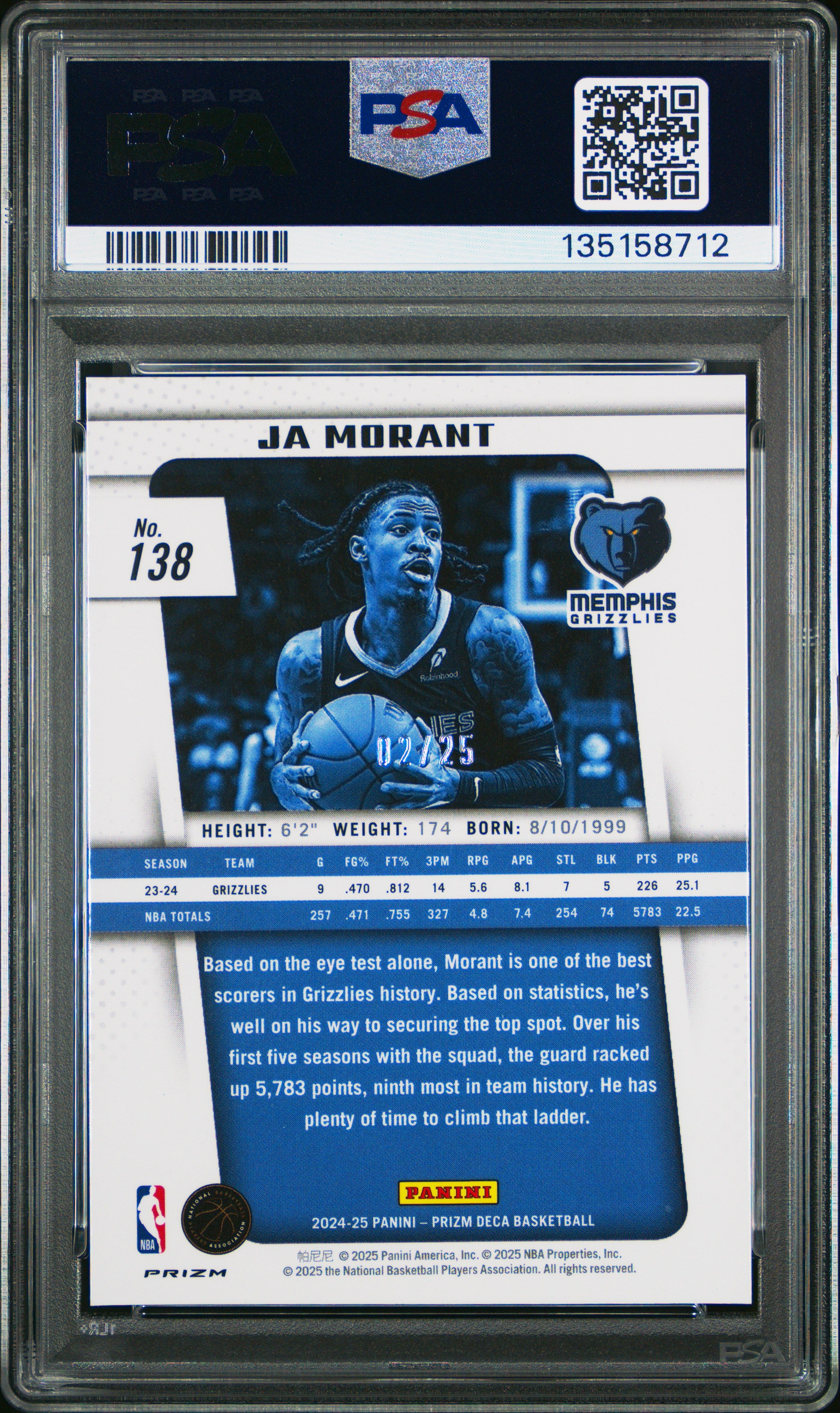 2024 Panini Prizm Deca Ja Morant Mojo #138 PSA 10