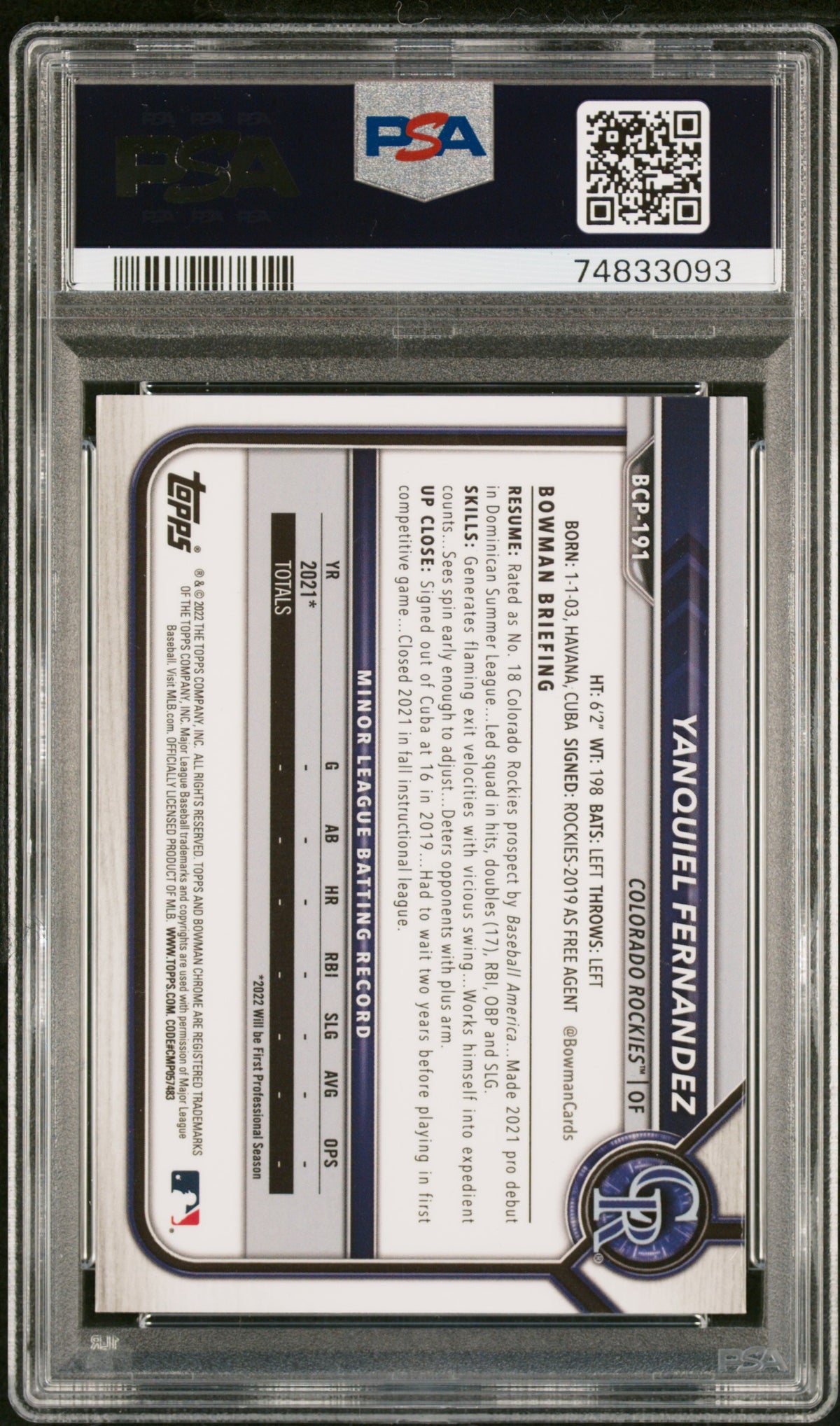 2022 Bowman Chrome Sapphire Edition Prospects Yanquiel Fernandez #BCP191 PSA 10
