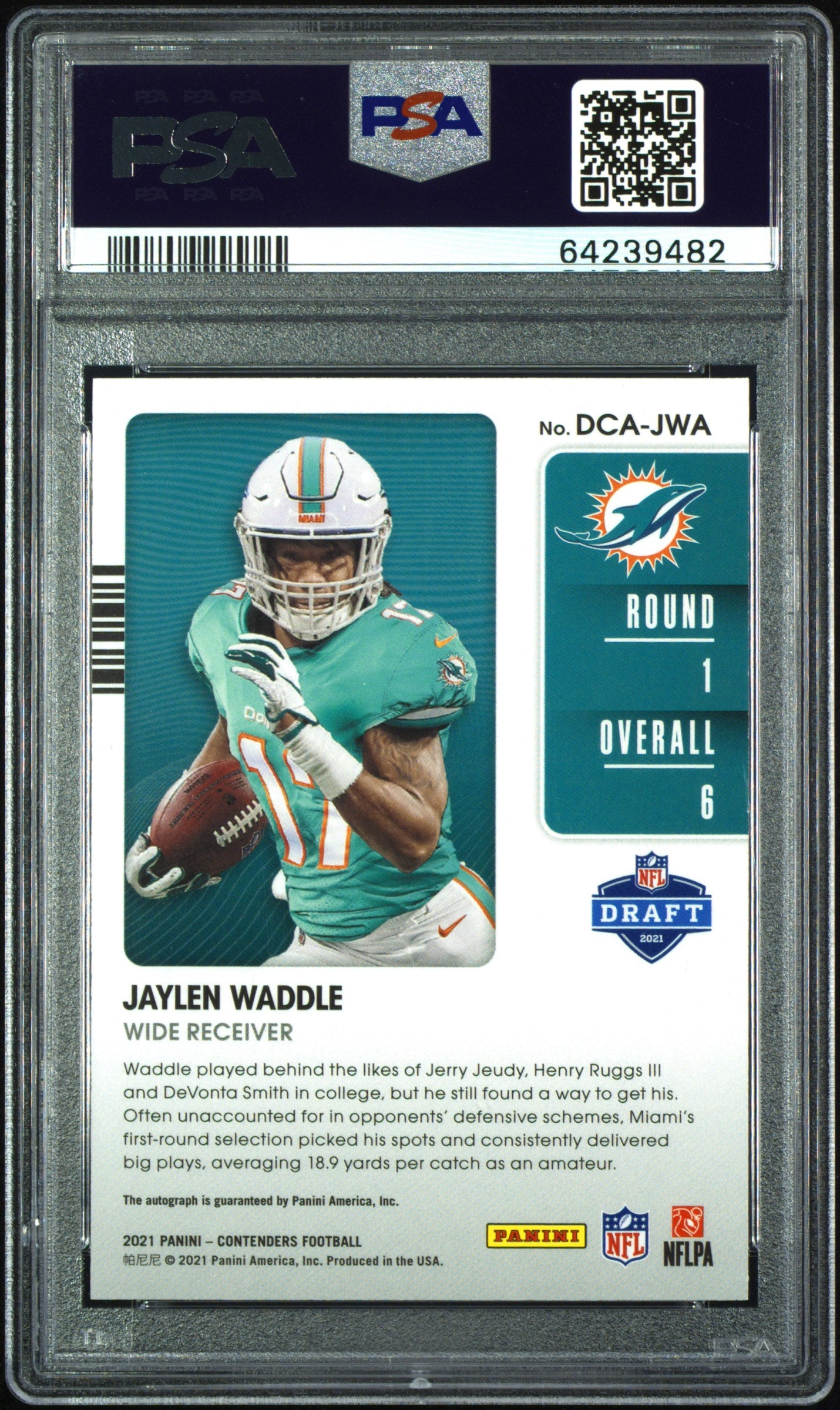 2021 Panini Contenders Draft Class Autographs RPS Jaylen Waddle Autograph RPS #DCAJWA PSA 10