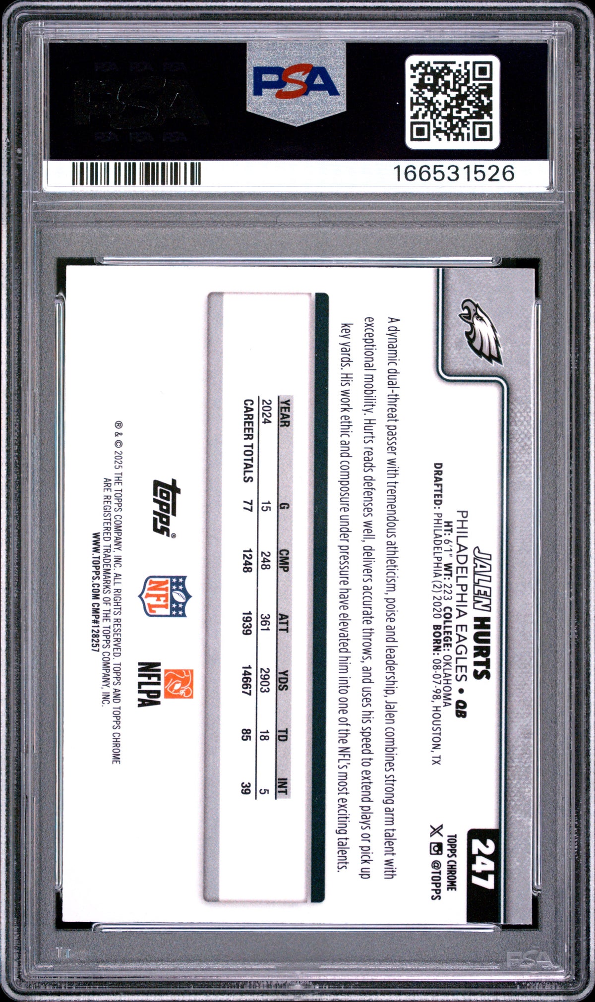 2025 Topps Chrome Jalen Hurts Teal Refractor 097/299 #247 PSA 9