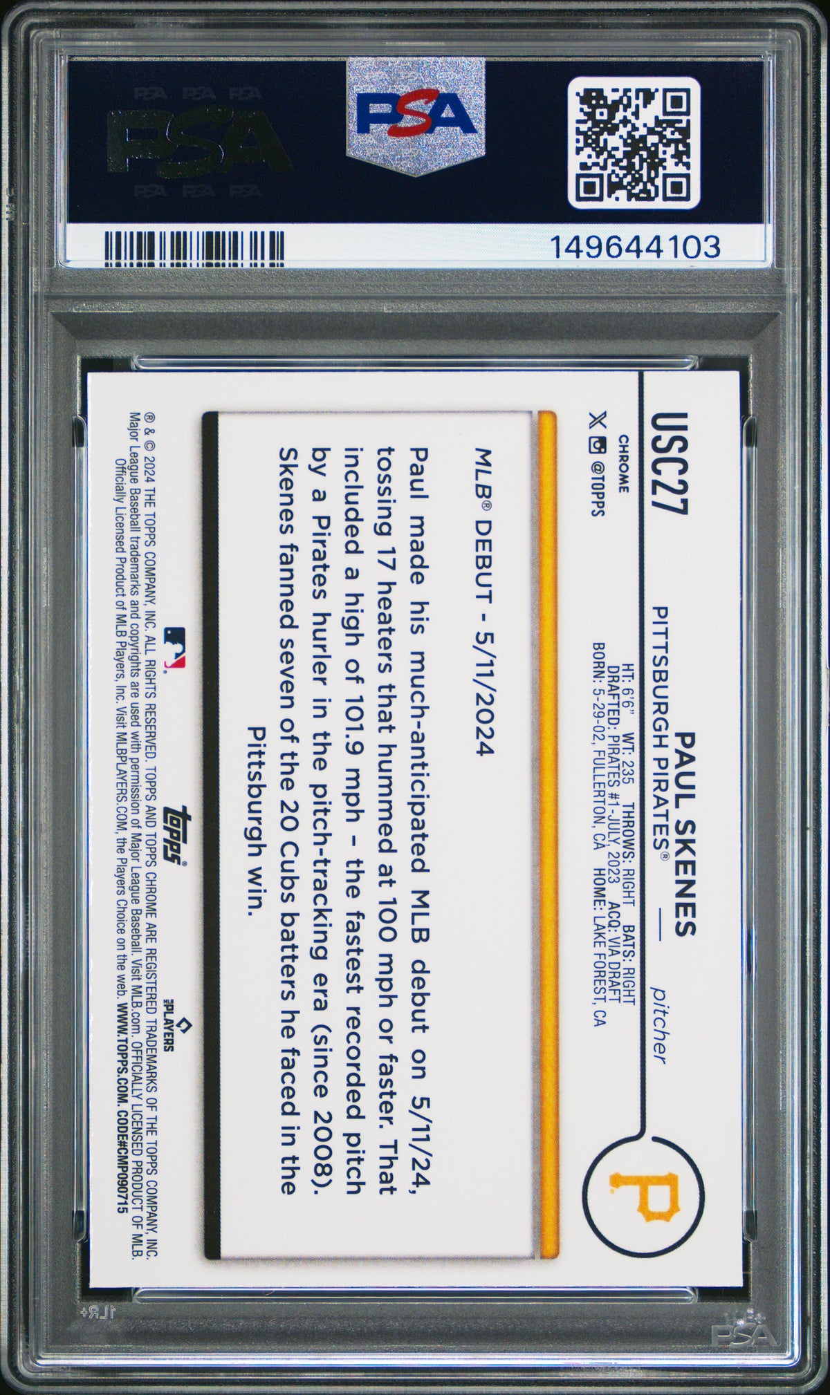 2024 Topps Chrome Update Paul Skenes Negative Refractor Rookie PSA 9 MINT