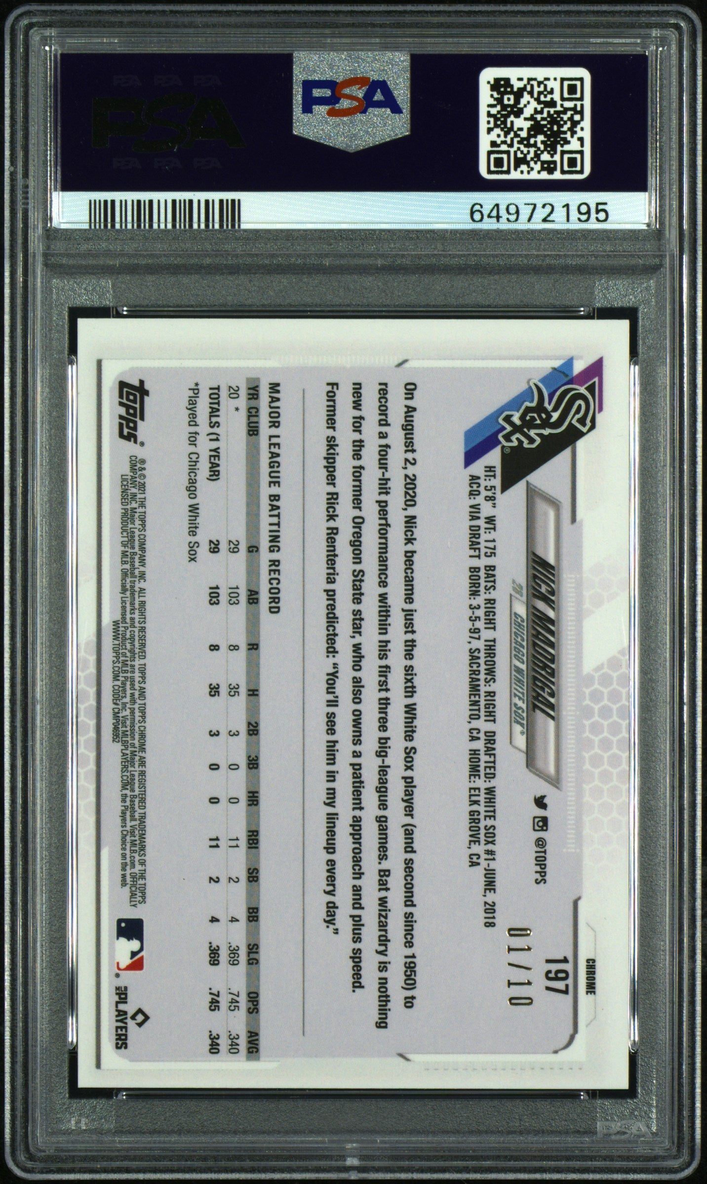 2021 Topps Chrome Sapphire Nick Madrigal Purple #197 PSA 9