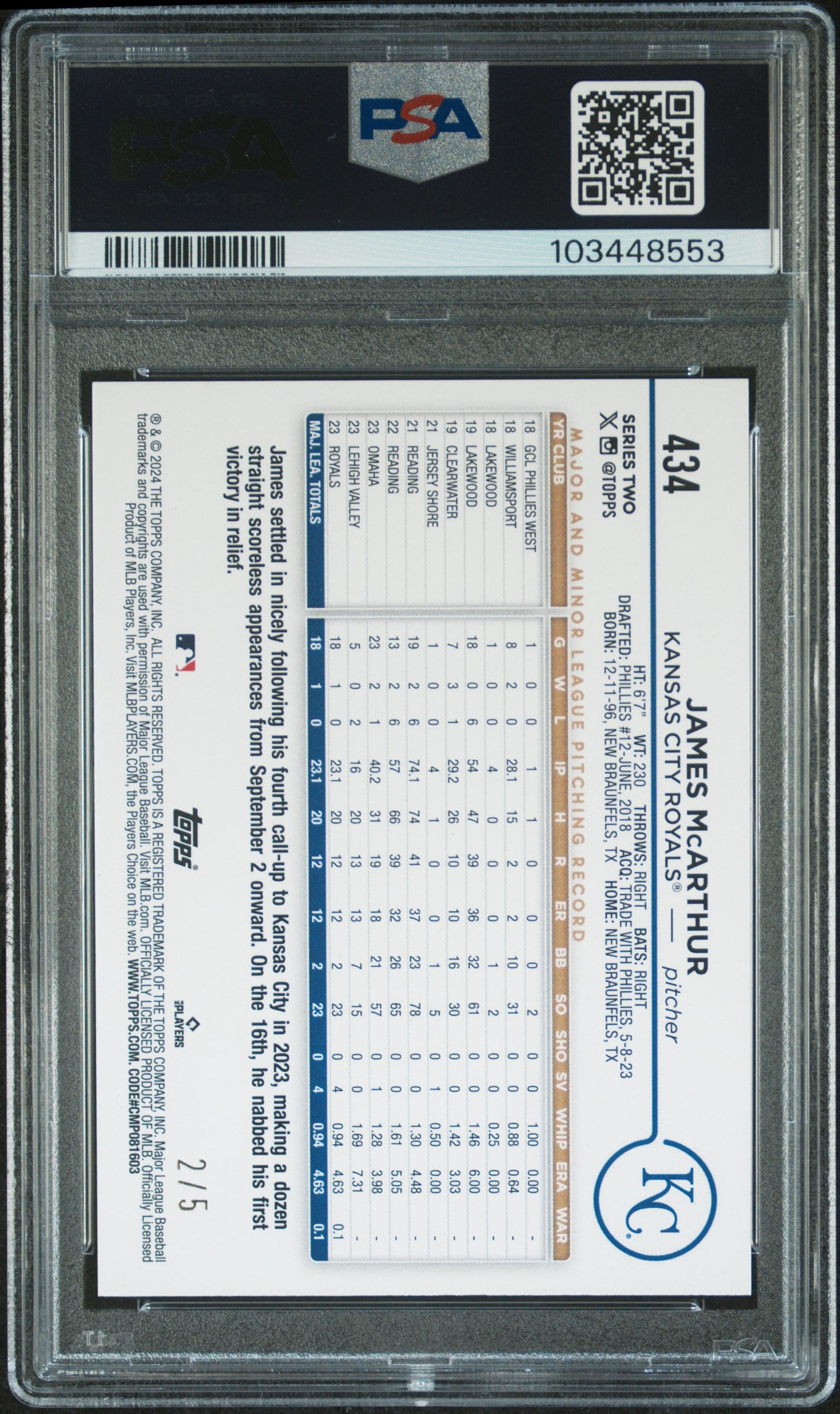 2024 Topps James Mcarthur Fireworks #434 PSA 8 NM-MT #d 2/5 POP 1
