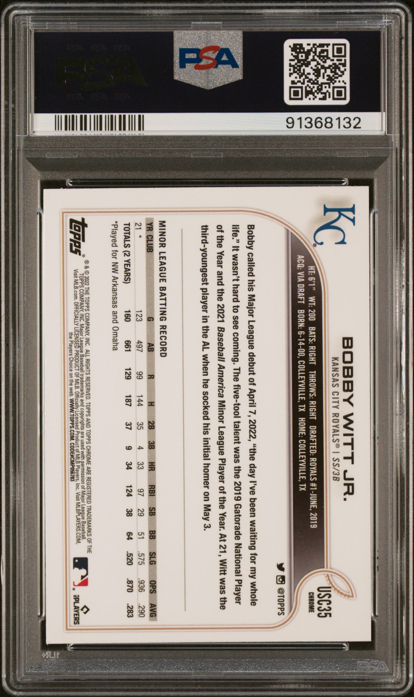 2022 Topps Chrome Update Bobby Witt JR. #USC35 PSA 9
