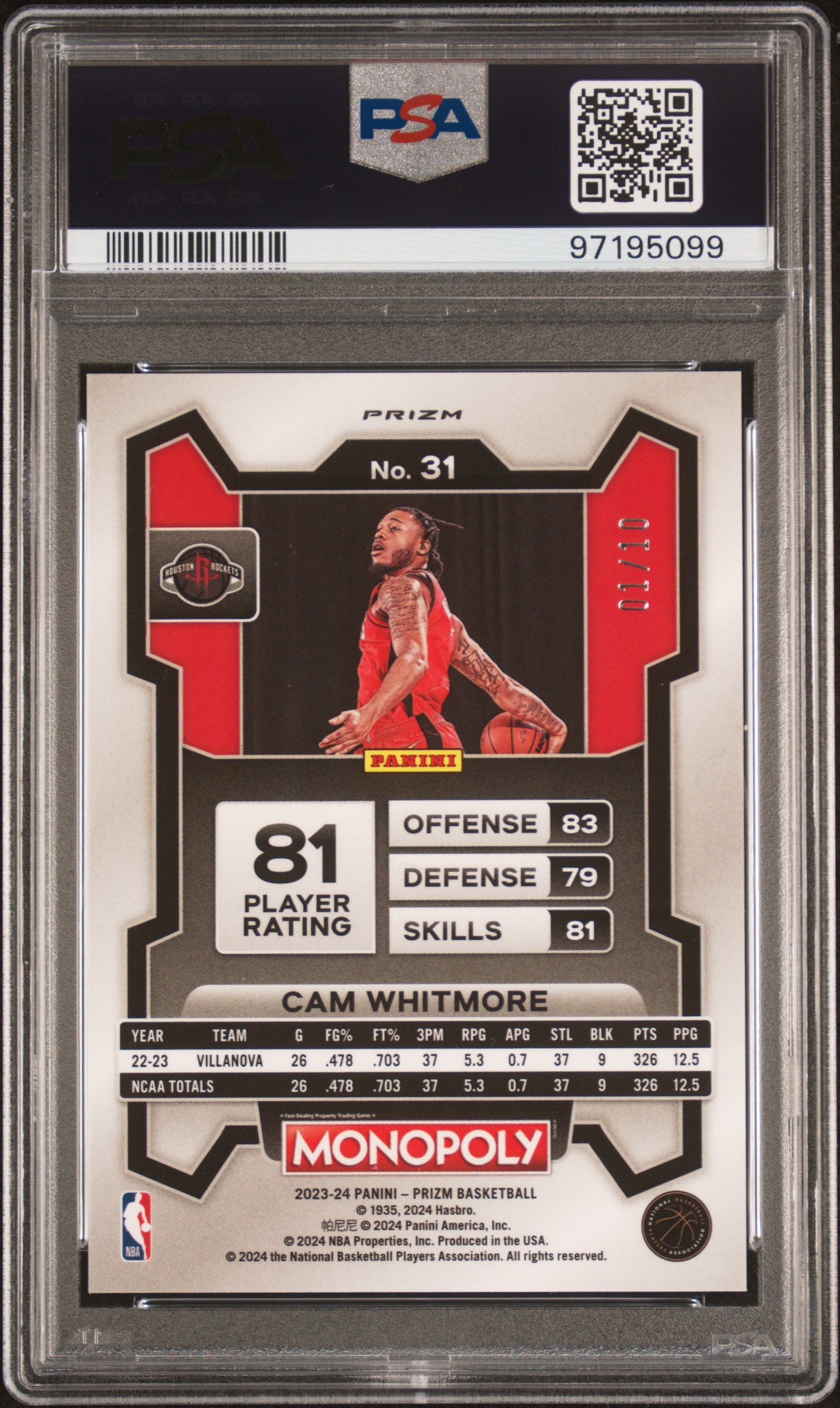 2023 Panini Prizm Monopoly Cam Whitmore Rookie Neon Green /10 #31 PSA 9