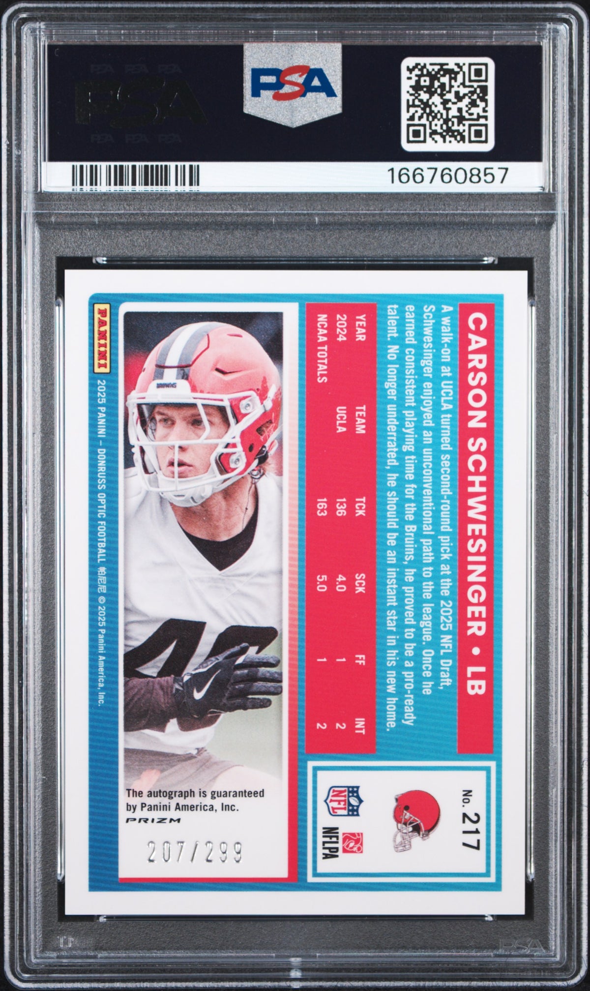 2025 Panini Donruss Optic Carson Schwesinger Auto Neon Blue #217 PSA 9 /299