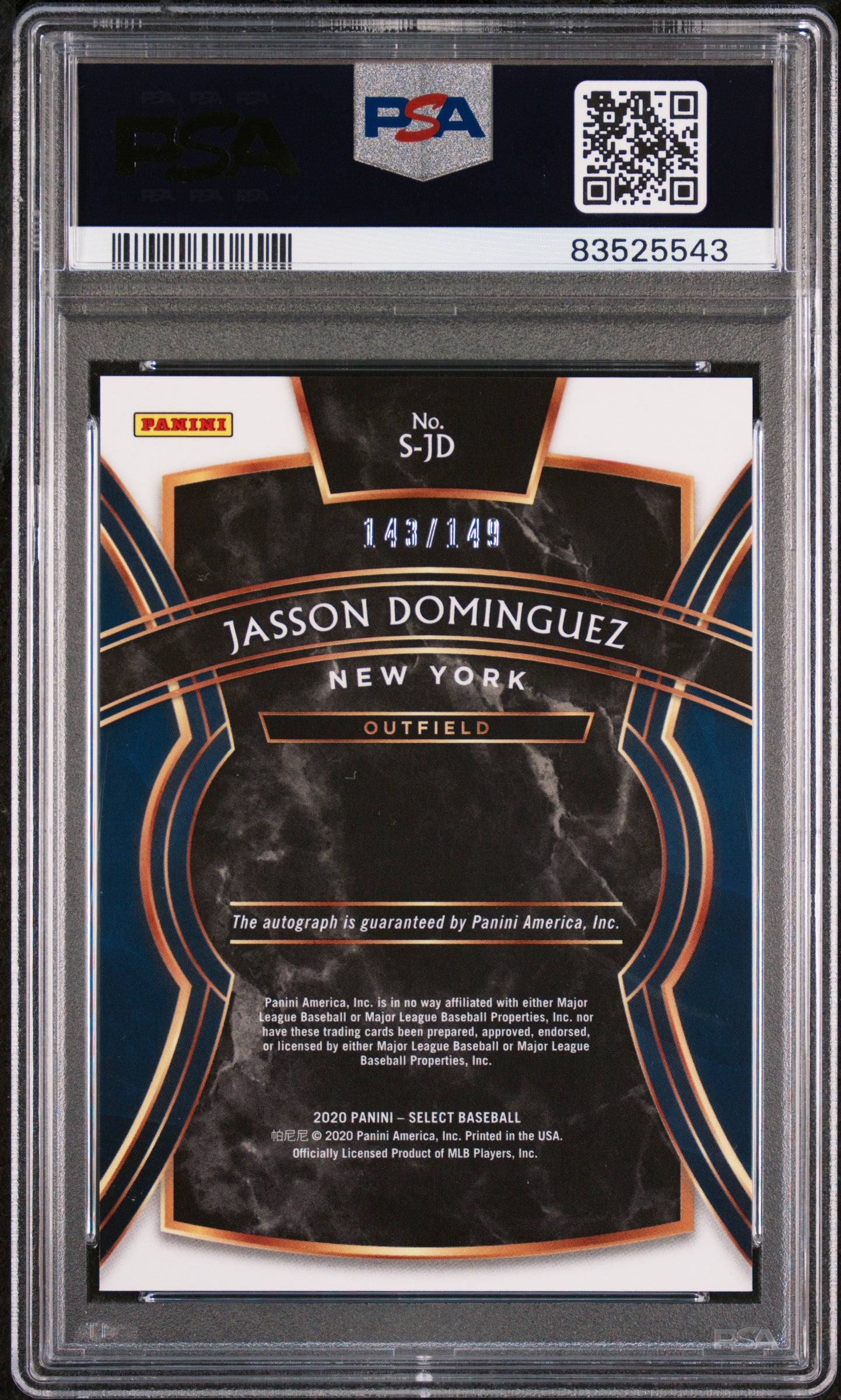 2020 Panini Select Signatures Jasson Dominguez Signatures #SJD PSA 10